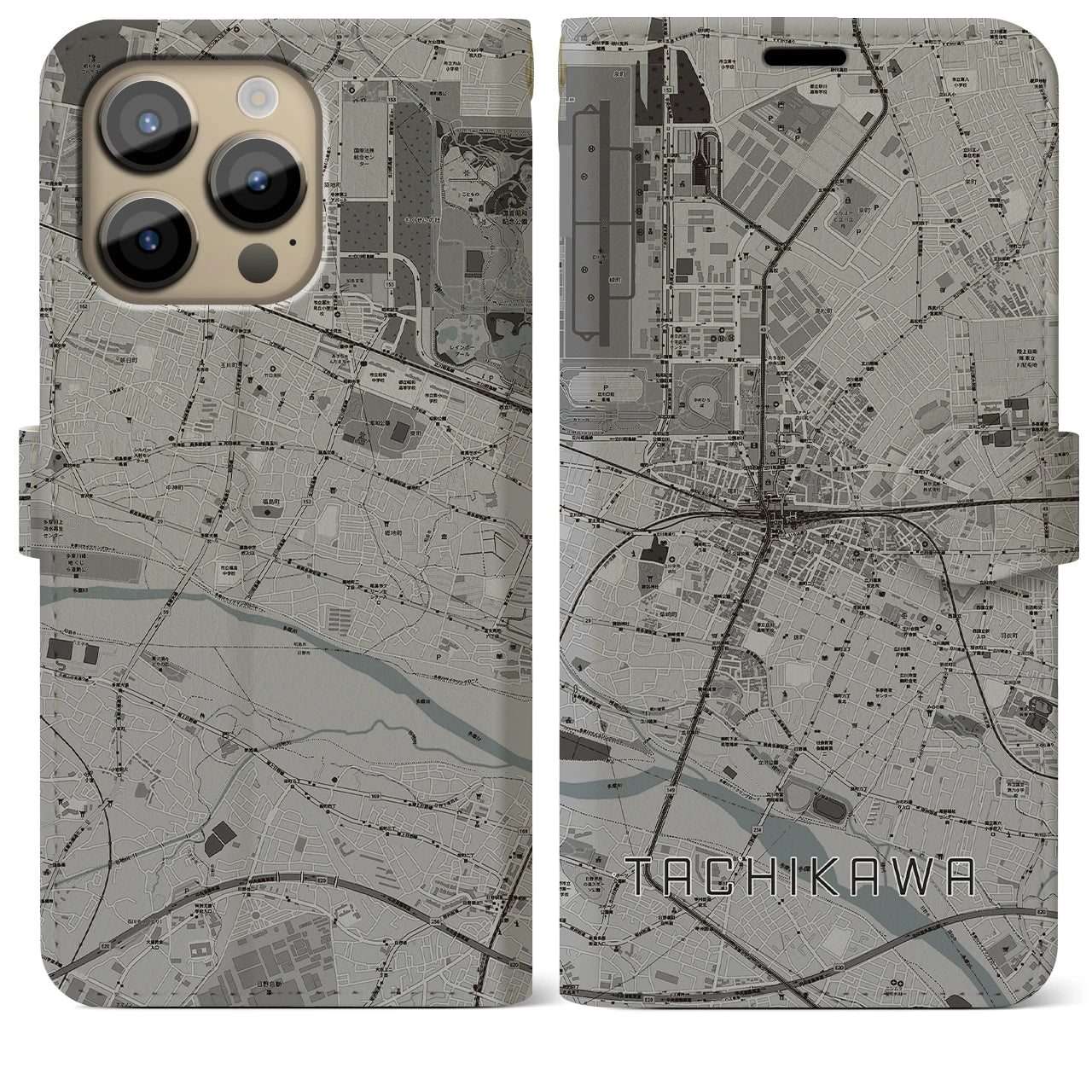 【立川(東京都)】地図柄iPhoneケース(手帳タイプ)モノトーン・iPhone 14 Pro Max 用