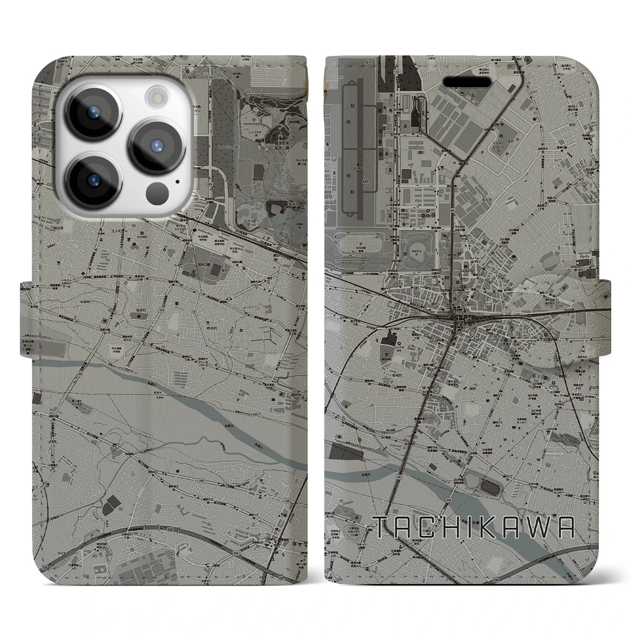 【立川(東京都)】地図柄iPhoneケース(手帳タイプ)モノトーン・iPhone 14 Pro 用