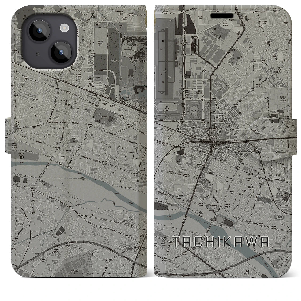 【立川(東京都)】地図柄iPhoneケース(手帳タイプ)モノトーン・iPhone 14 Plus 用