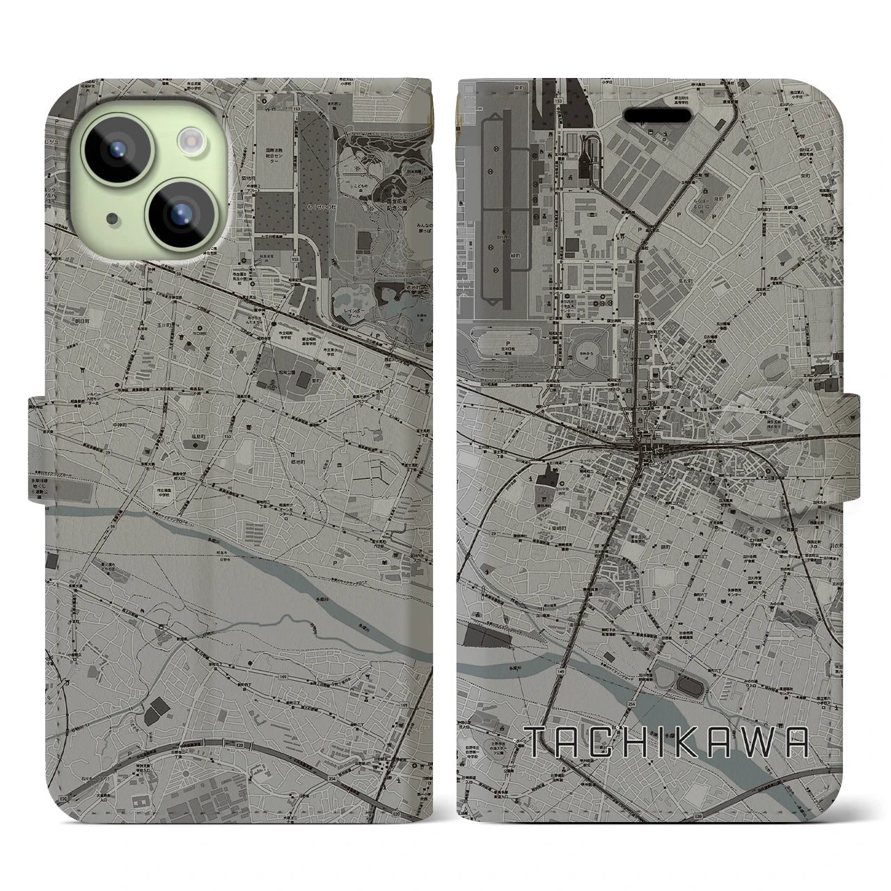 【立川(東京都)】地図柄iPhoneケース(手帳タイプ)モノトーン・iPhone 15 用