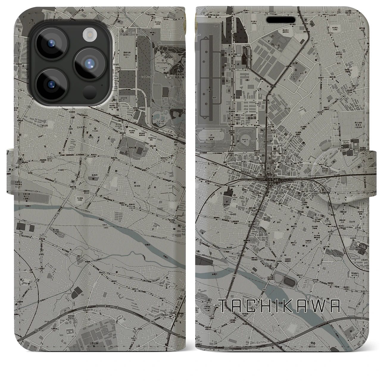 【立川(東京都)】地図柄iPhoneケース(手帳タイプ)モノトーン・iPhone 15 Pro Max 用