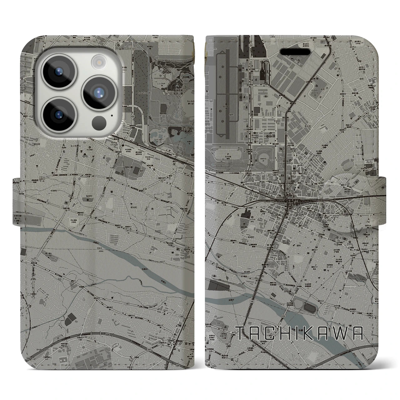 【立川(東京都)】地図柄iPhoneケース(手帳タイプ)モノトーン・iPhone 15 Pro 用