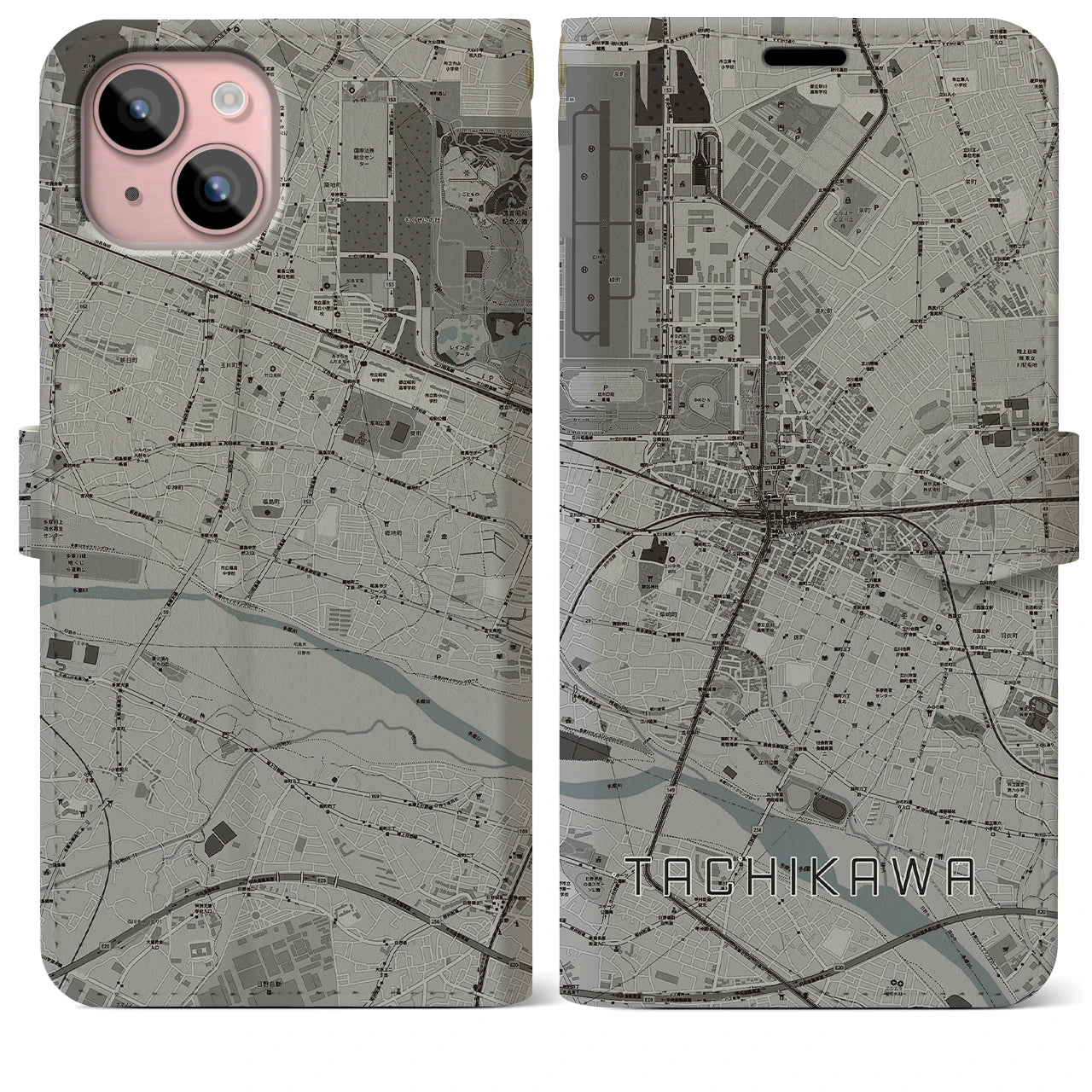 【立川(東京都)】地図柄iPhoneケース(手帳タイプ)モノトーン・iPhone 15 Plus 用