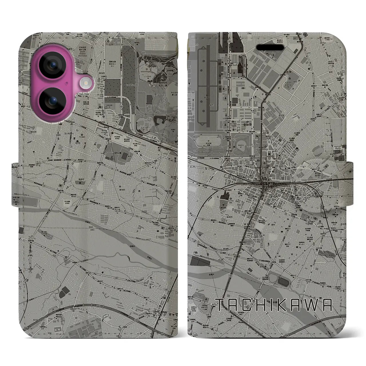 【立川(東京都)】地図柄iPhoneケース(手帳タイプ)モノトーン・iPhone 16 Pro 用