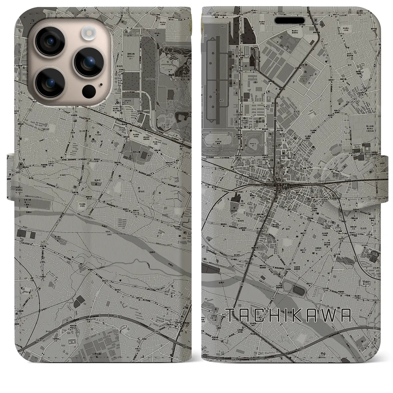 【立川(東京都)】地図柄iPhoneケース(手帳タイプ)モノトーン・iPhone 16 Plus 用