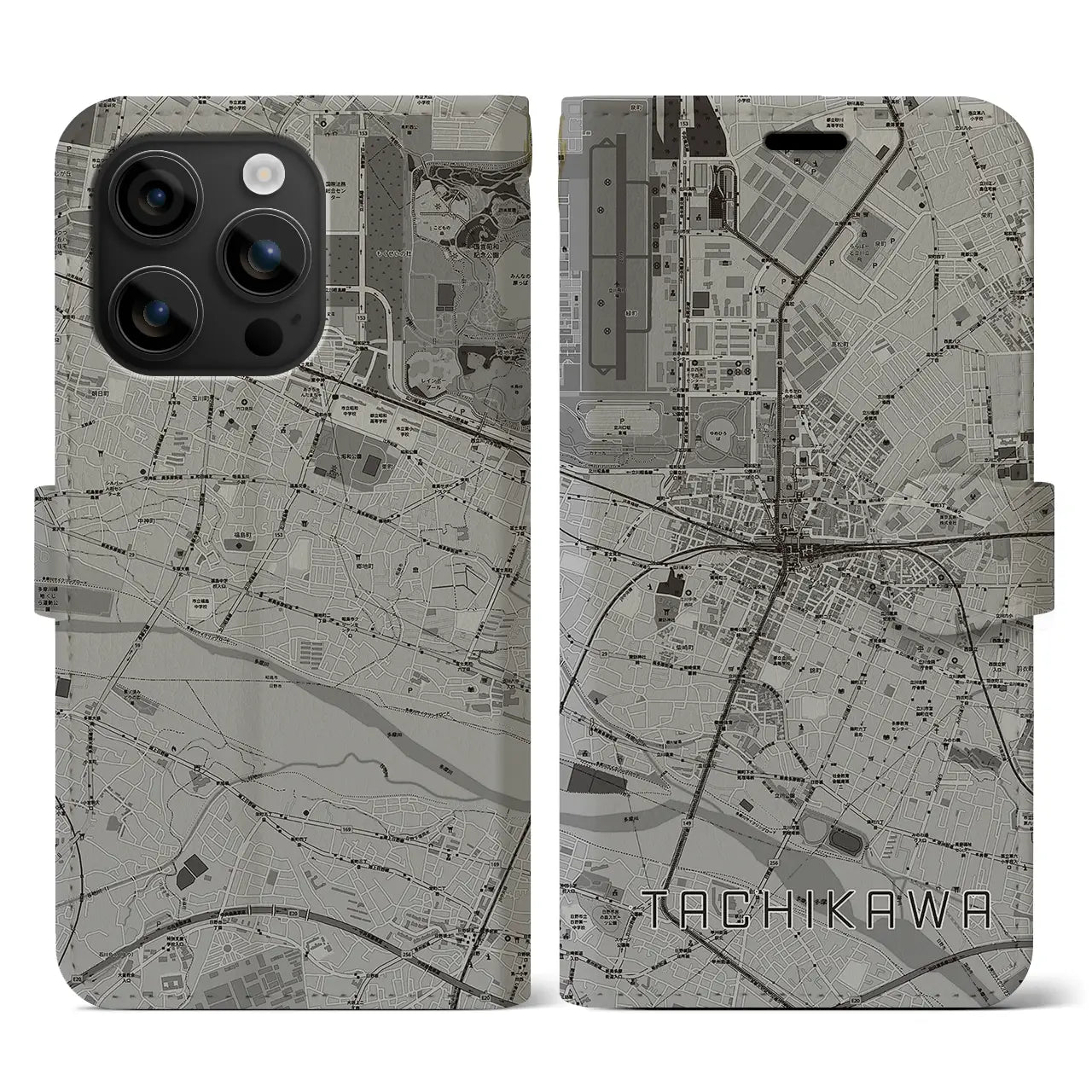【立川(東京都)】地図柄iPhoneケース(手帳タイプ)モノトーン・iPhone 16 用