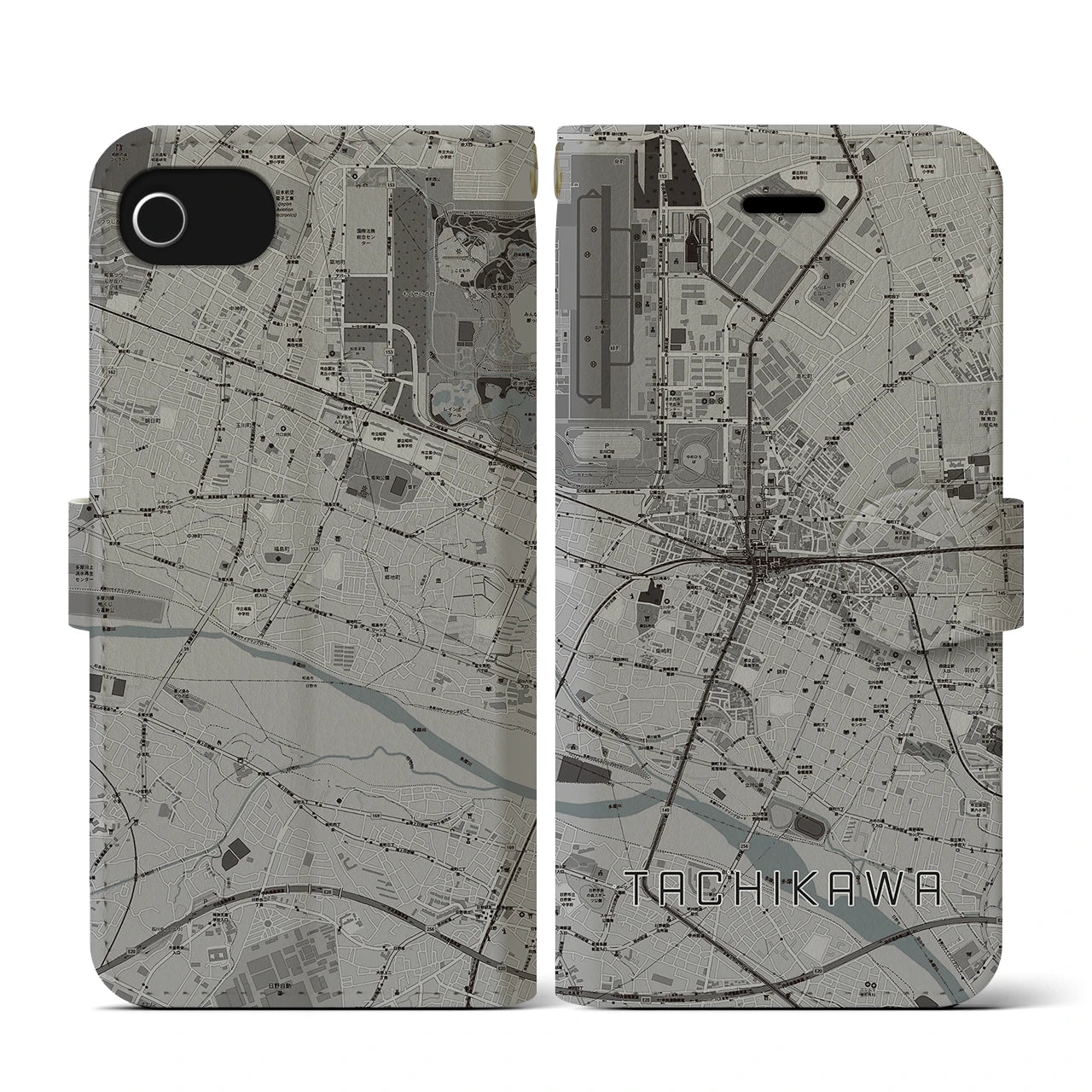 【立川(東京都)】地図柄iPhoneケース(手帳タイプ)モノトーン・iPhone SE(第3 / 第2世代) / 8 / 7 / 6s / 6 用
