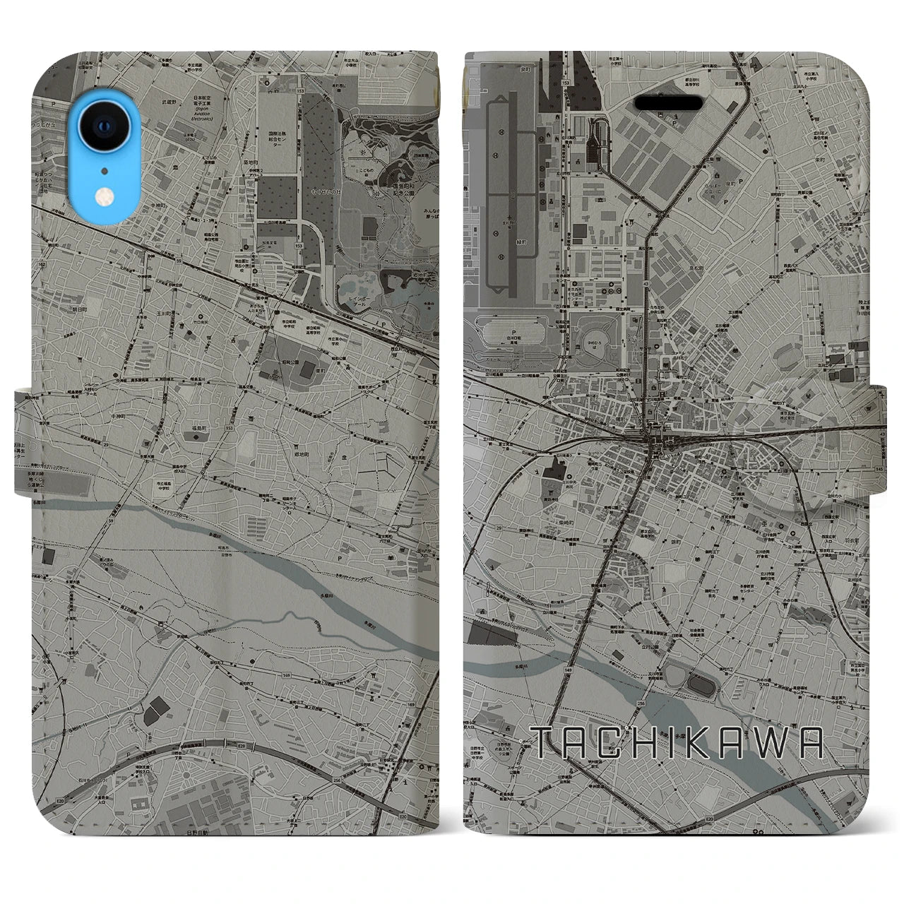 【立川(東京都)】地図柄iPhoneケース(手帳タイプ)モノトーン・iPhone XR 用