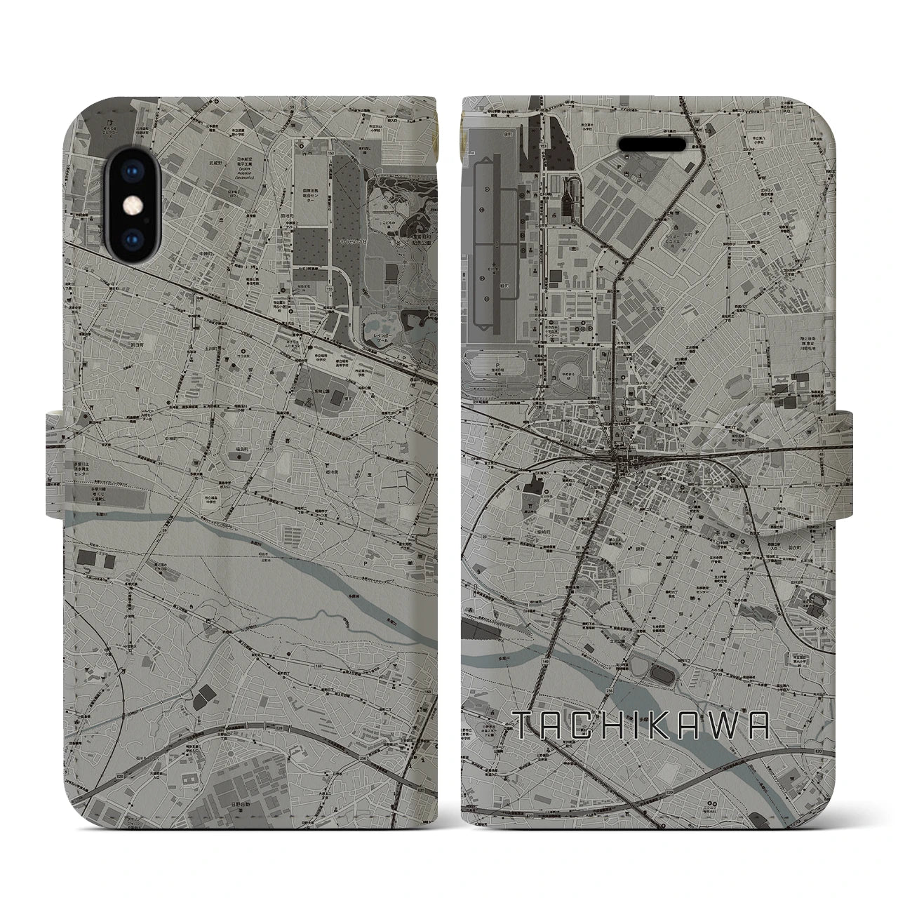 【立川(東京都)】地図柄iPhoneケース(手帳タイプ)モノトーン・iPhone XS / X 用