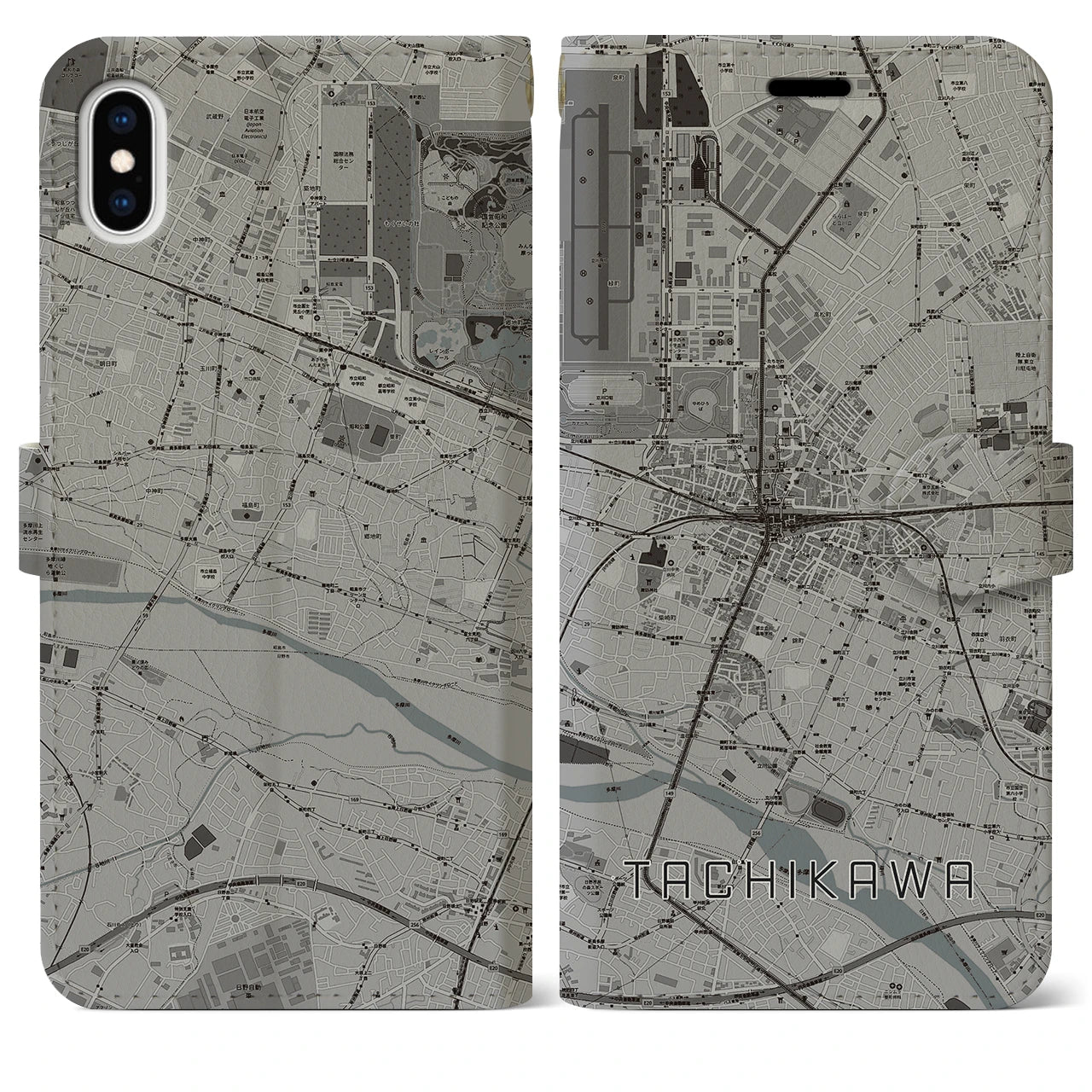 【立川(東京都)】地図柄iPhoneケース(手帳タイプ)モノトーン・iPhone XS Max 用