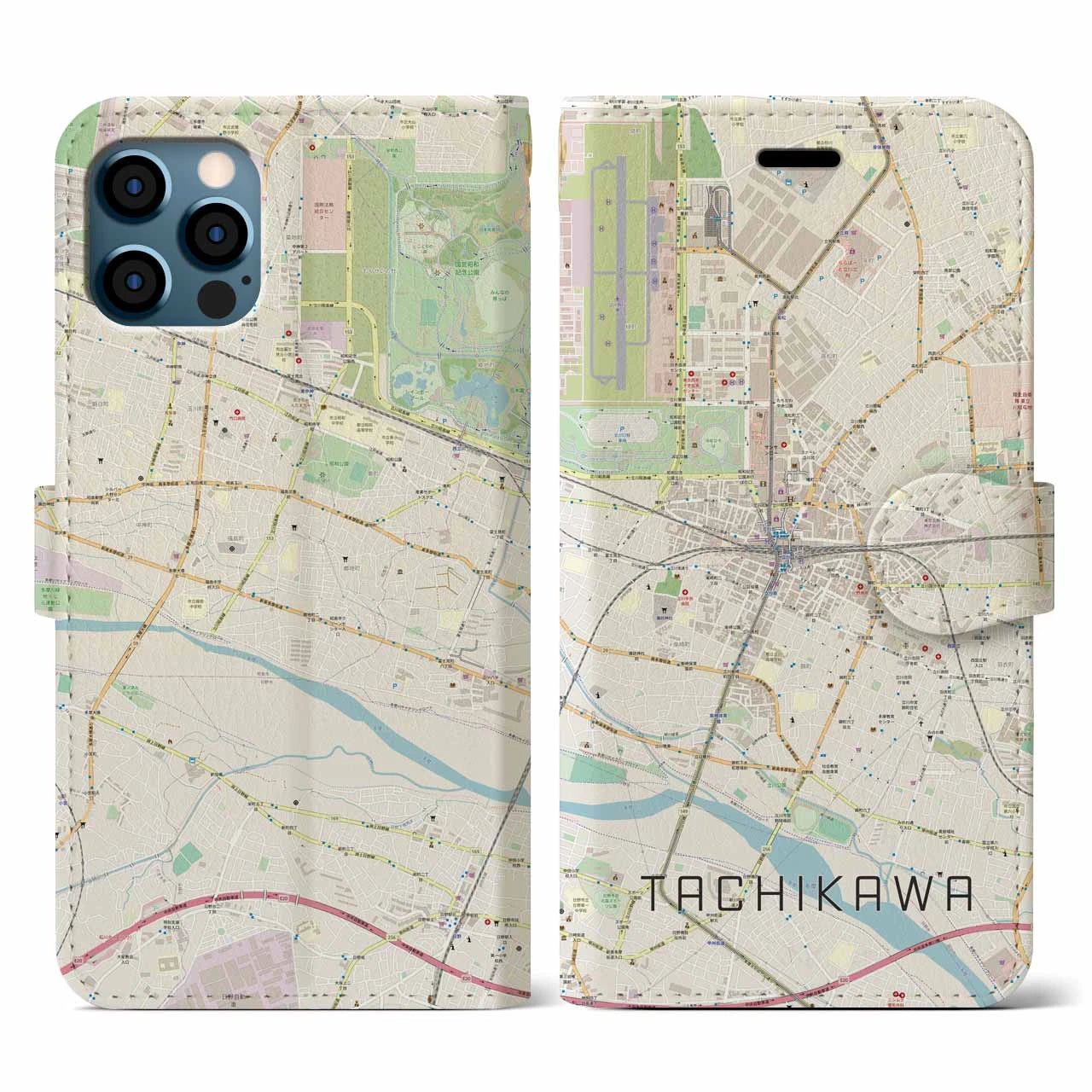 【立川(東京都)】地図柄iPhoneケース(手帳タイプ)ナチュラル・iPhone 12 / 12 Pro 用