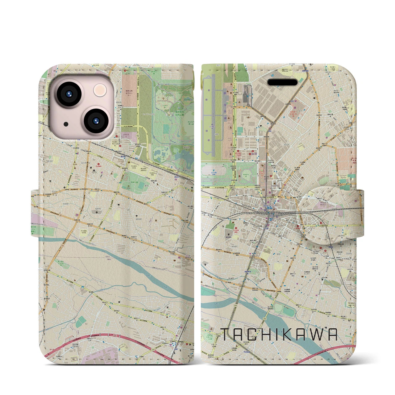 【立川(東京都)】地図柄iPhoneケース(手帳タイプ)ナチュラル・iPhone 13 mini 用