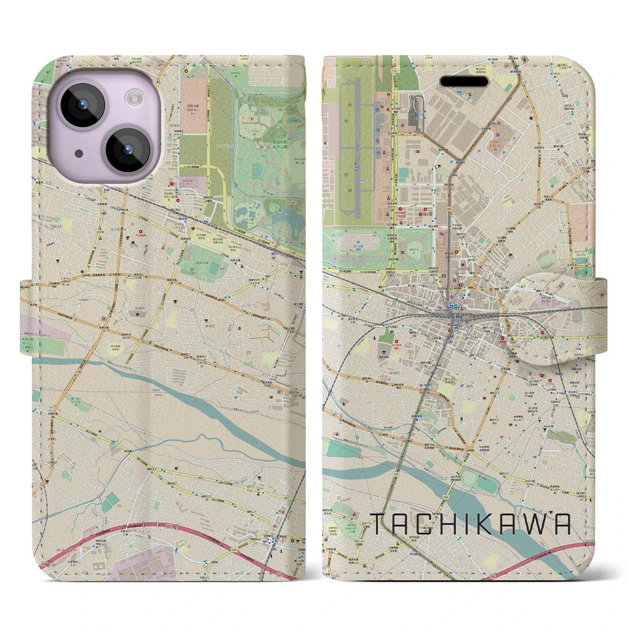 【立川(東京都)】地図柄iPhoneケース(手帳タイプ)ナチュラル・iPhone 14 用