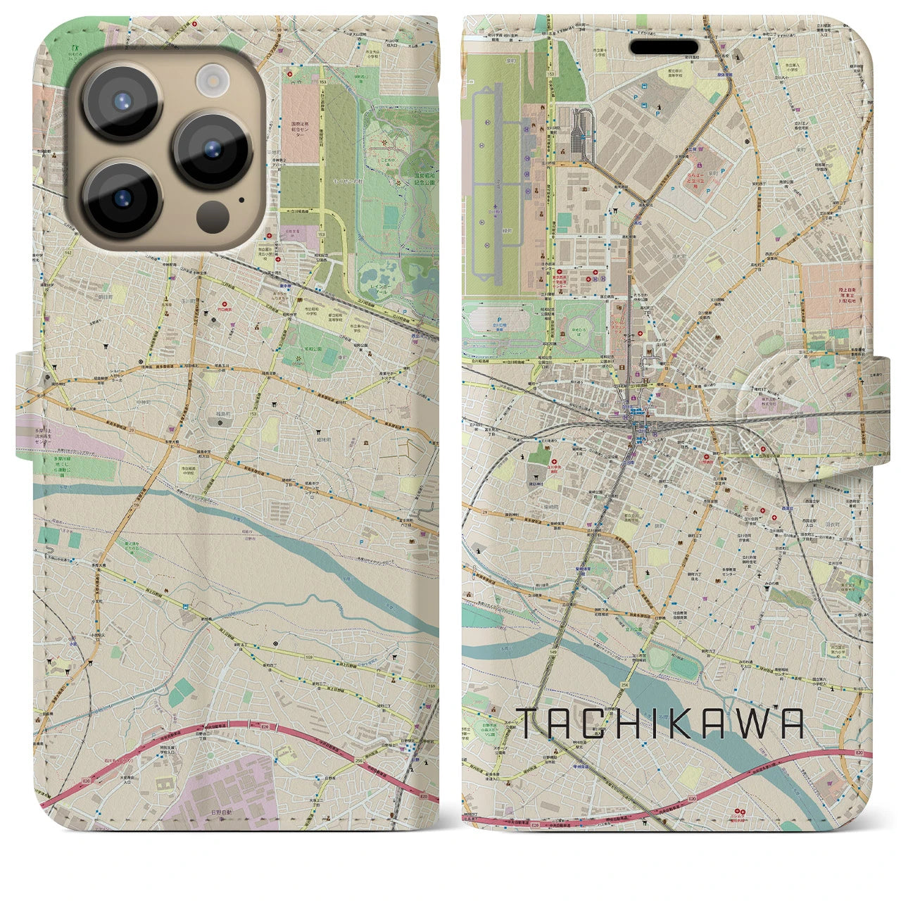 【立川(東京都)】地図柄iPhoneケース(手帳タイプ)ナチュラル・iPhone 14 Pro Max 用