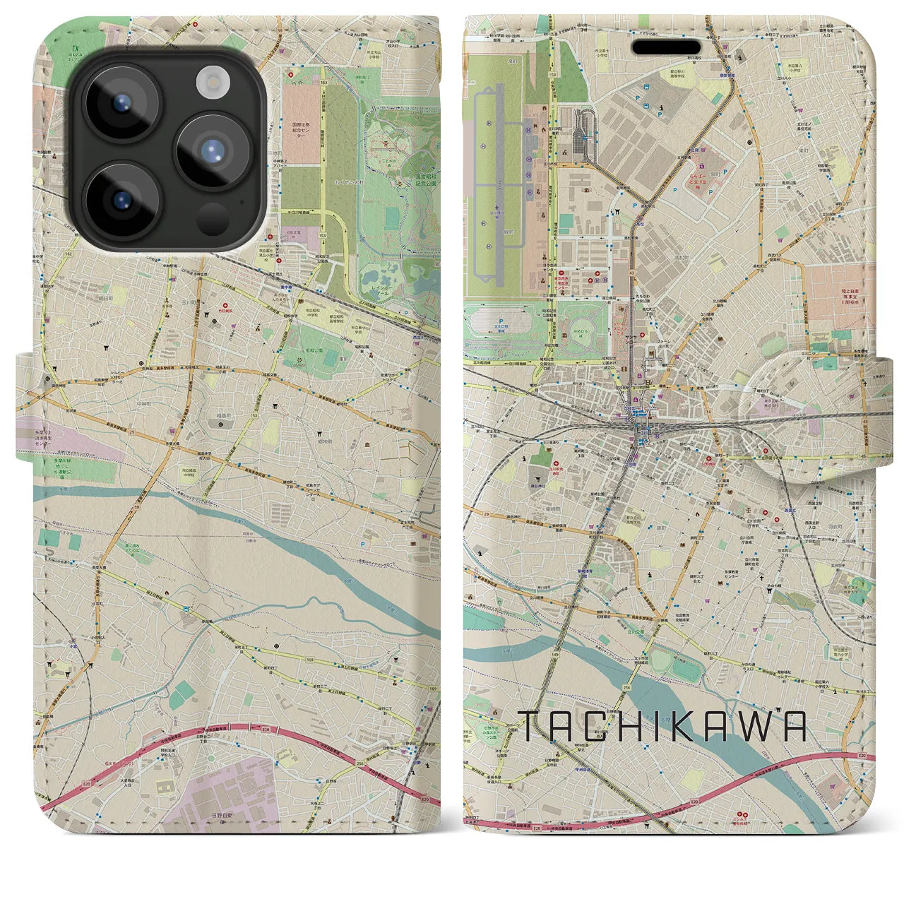 【立川(東京都)】地図柄iPhoneケース(手帳タイプ)ナチュラル・iPhone 15 Pro Max 用