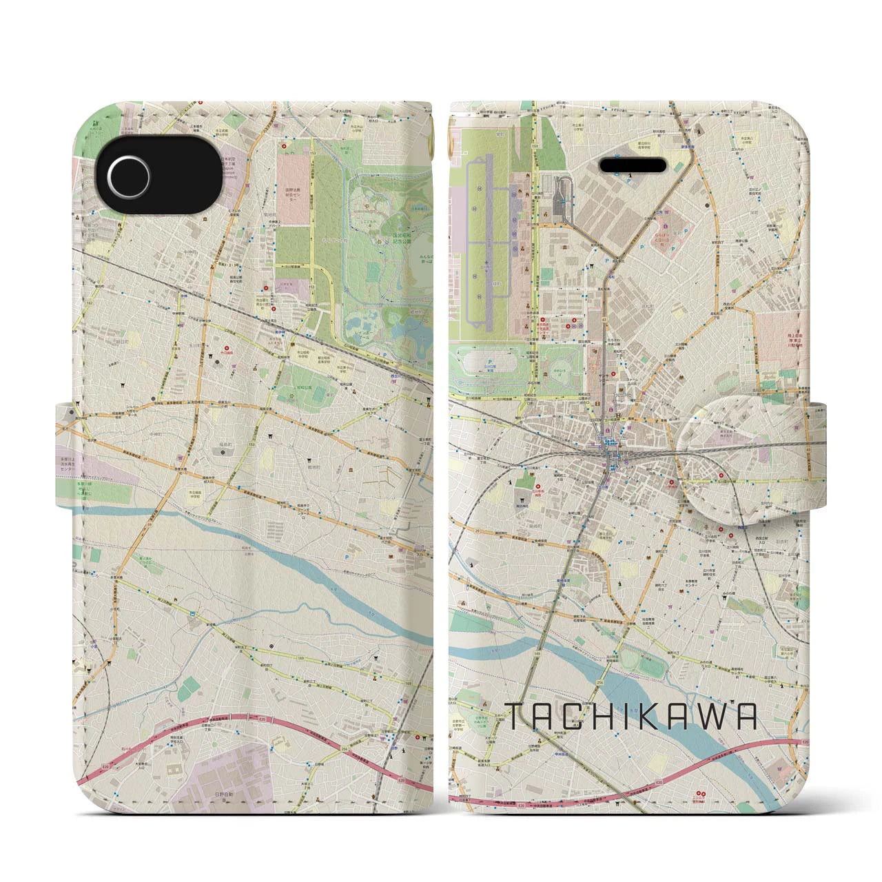 【立川(東京都)】地図柄iPhoneケース(手帳タイプ)ナチュラル・iPhone SE(第3 / 第2世代) / 8 / 7 / 6s / 6 用