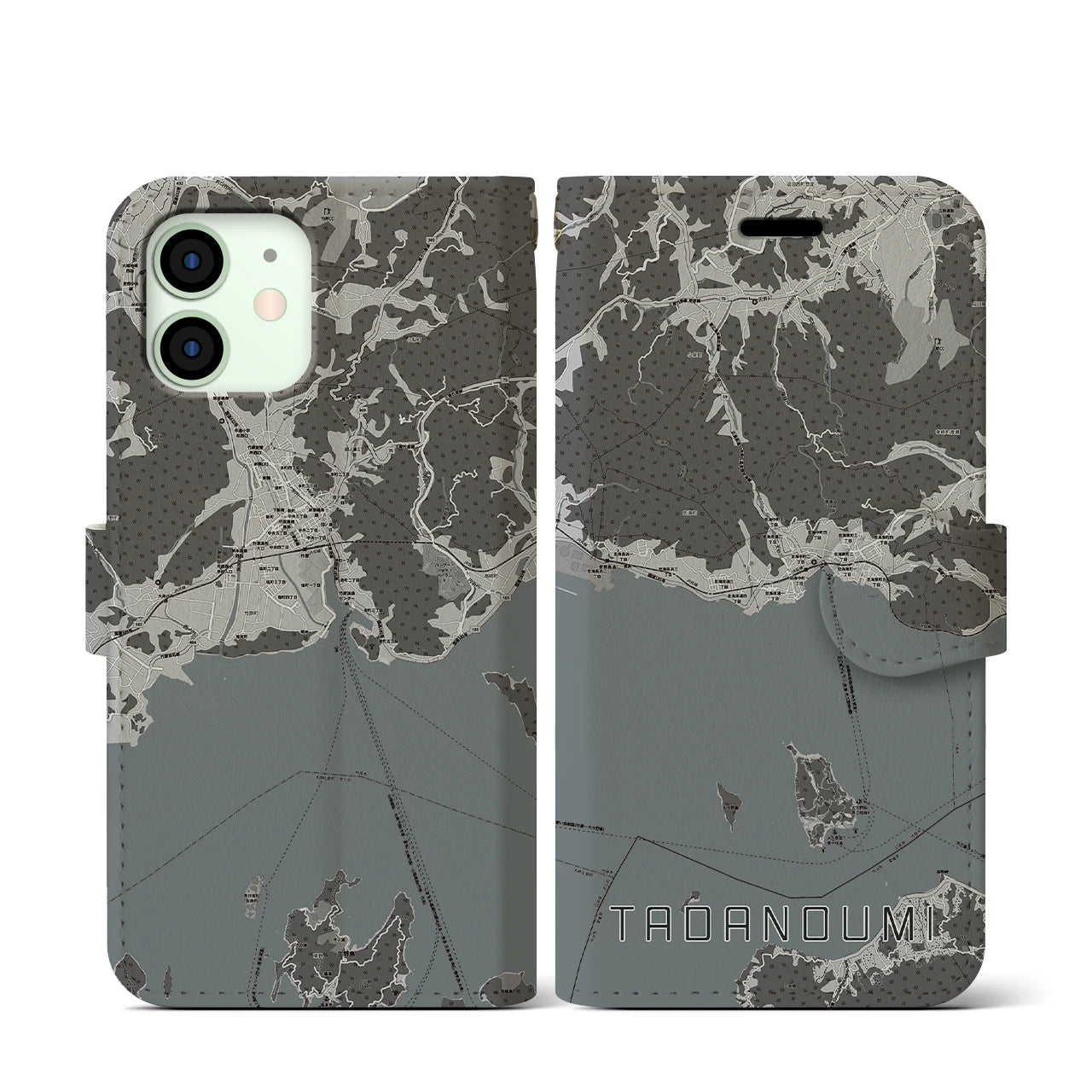 【忠海(広島県)】地図柄iPhoneケース(手帳タイプ)モノトーン・iPhone 12 mini 用