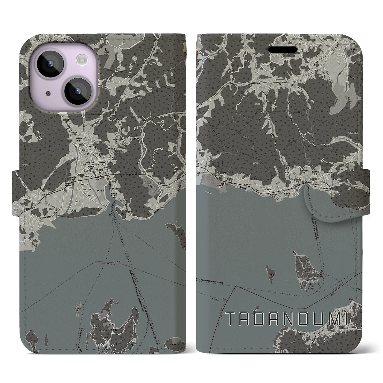 【忠海(広島県)】地図柄iPhoneケース(手帳タイプ)モノトーン・iPhone 14 用