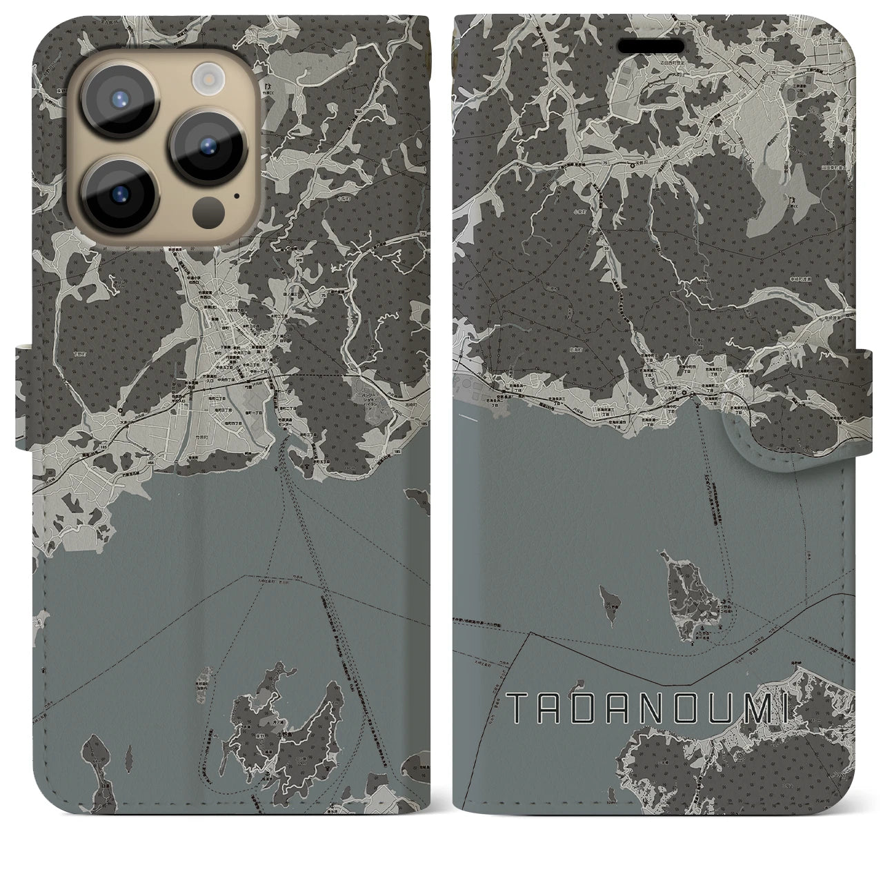 【忠海(広島県)】地図柄iPhoneケース(手帳タイプ)モノトーン・iPhone 14 Pro Max 用