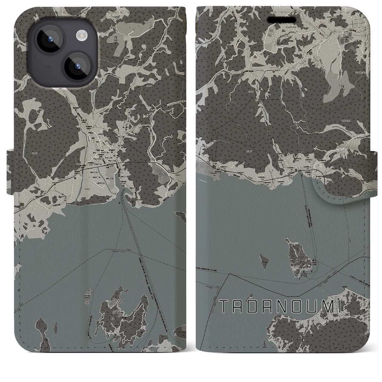【忠海(広島県)】地図柄iPhoneケース(手帳タイプ)モノトーン・iPhone 14 Plus 用