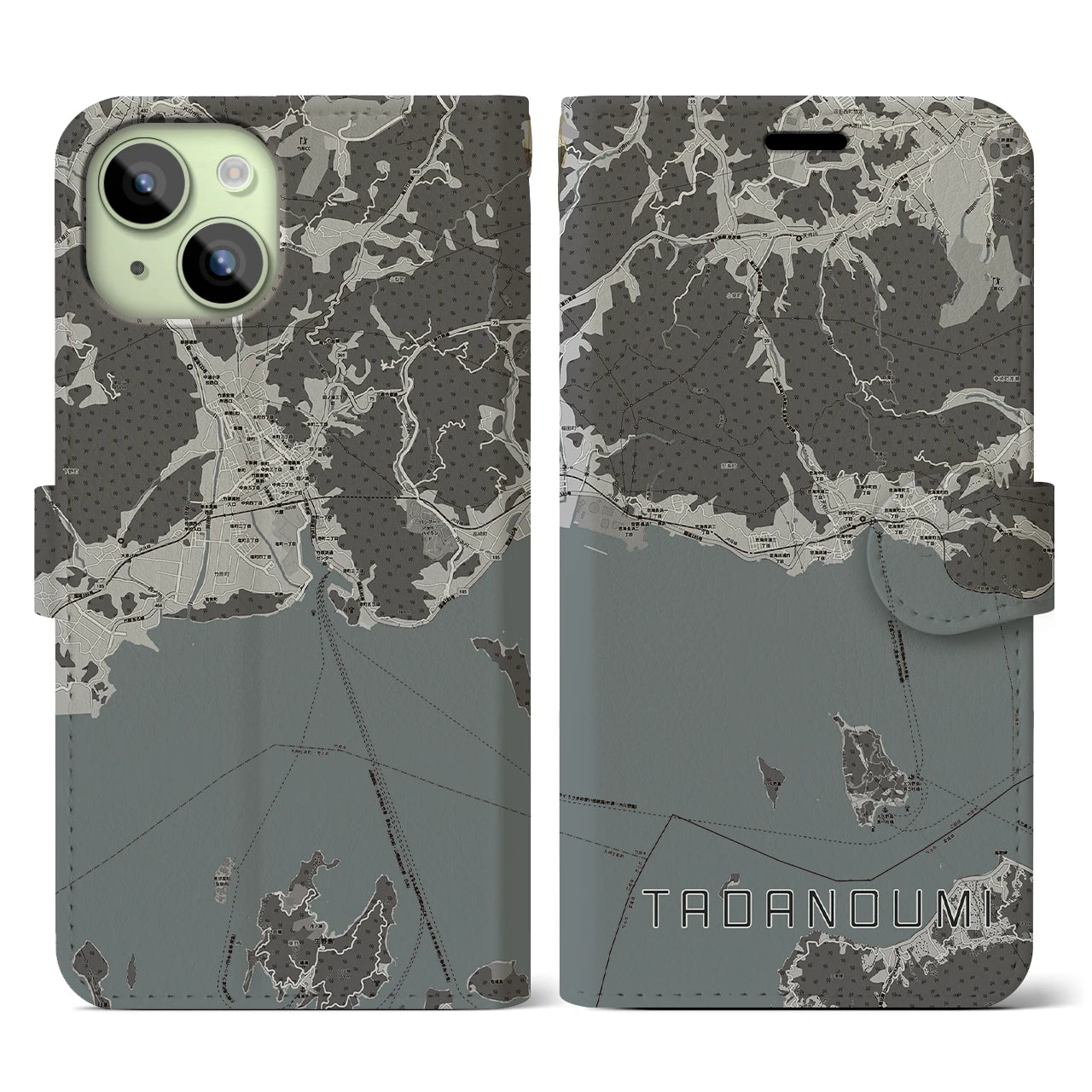【忠海(広島県)】地図柄iPhoneケース(手帳タイプ)モノトーン・iPhone 15 用