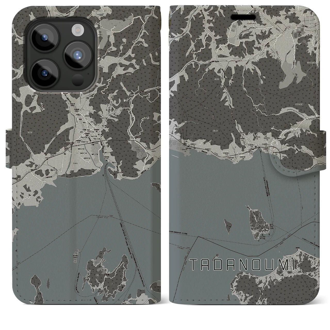 【忠海(広島県)】地図柄iPhoneケース(手帳タイプ)モノトーン・iPhone 15 Pro Max 用