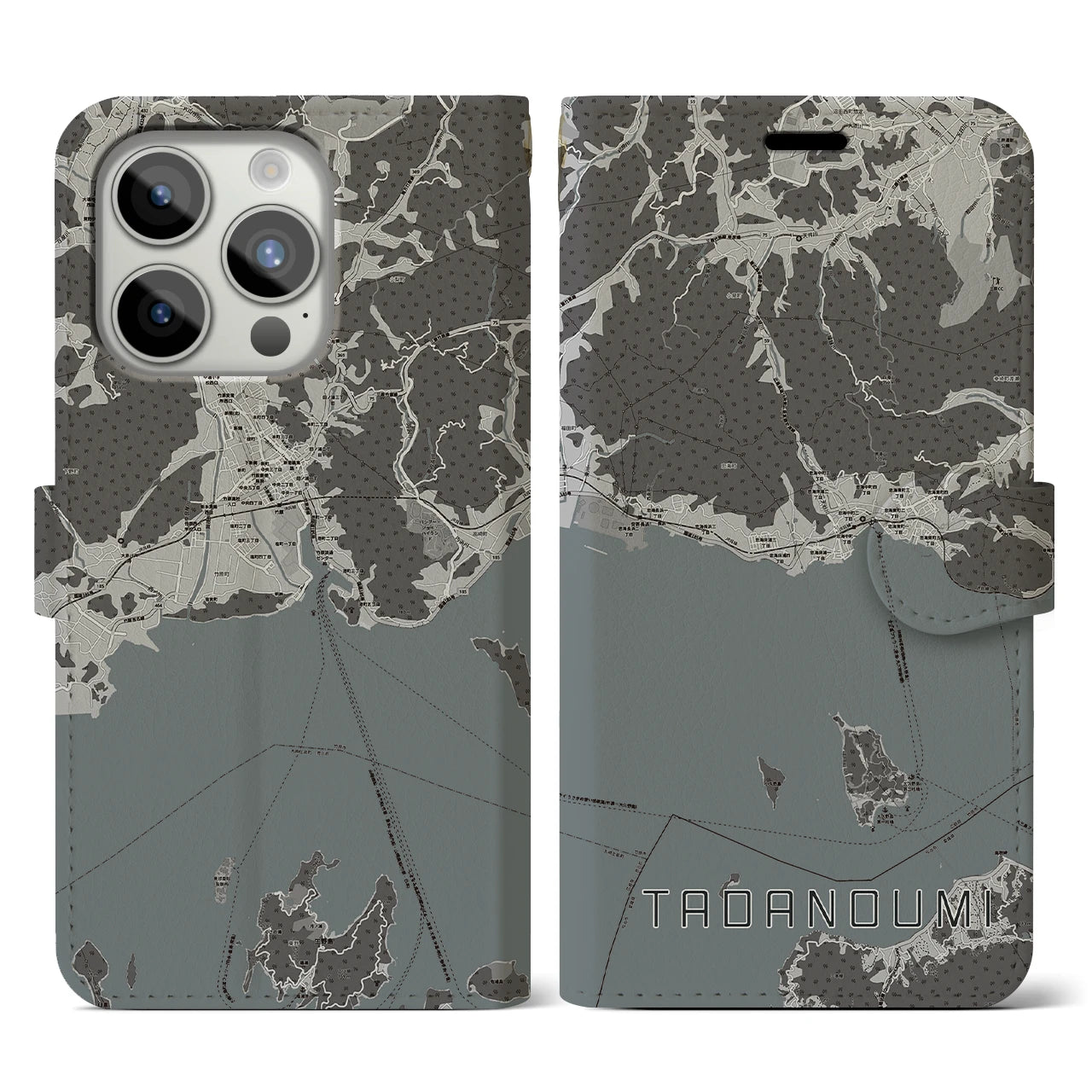 【忠海(広島県)】地図柄iPhoneケース(手帳タイプ)モノトーン・iPhone 15 Pro 用