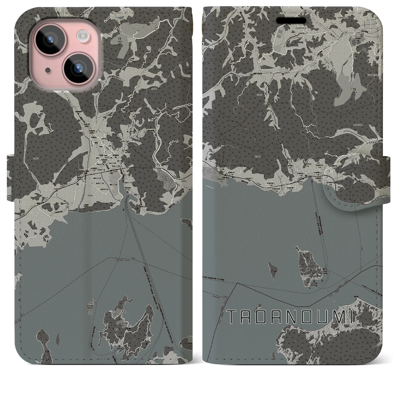 【忠海(広島県)】地図柄iPhoneケース(手帳タイプ)モノトーン・iPhone 15 Plus 用