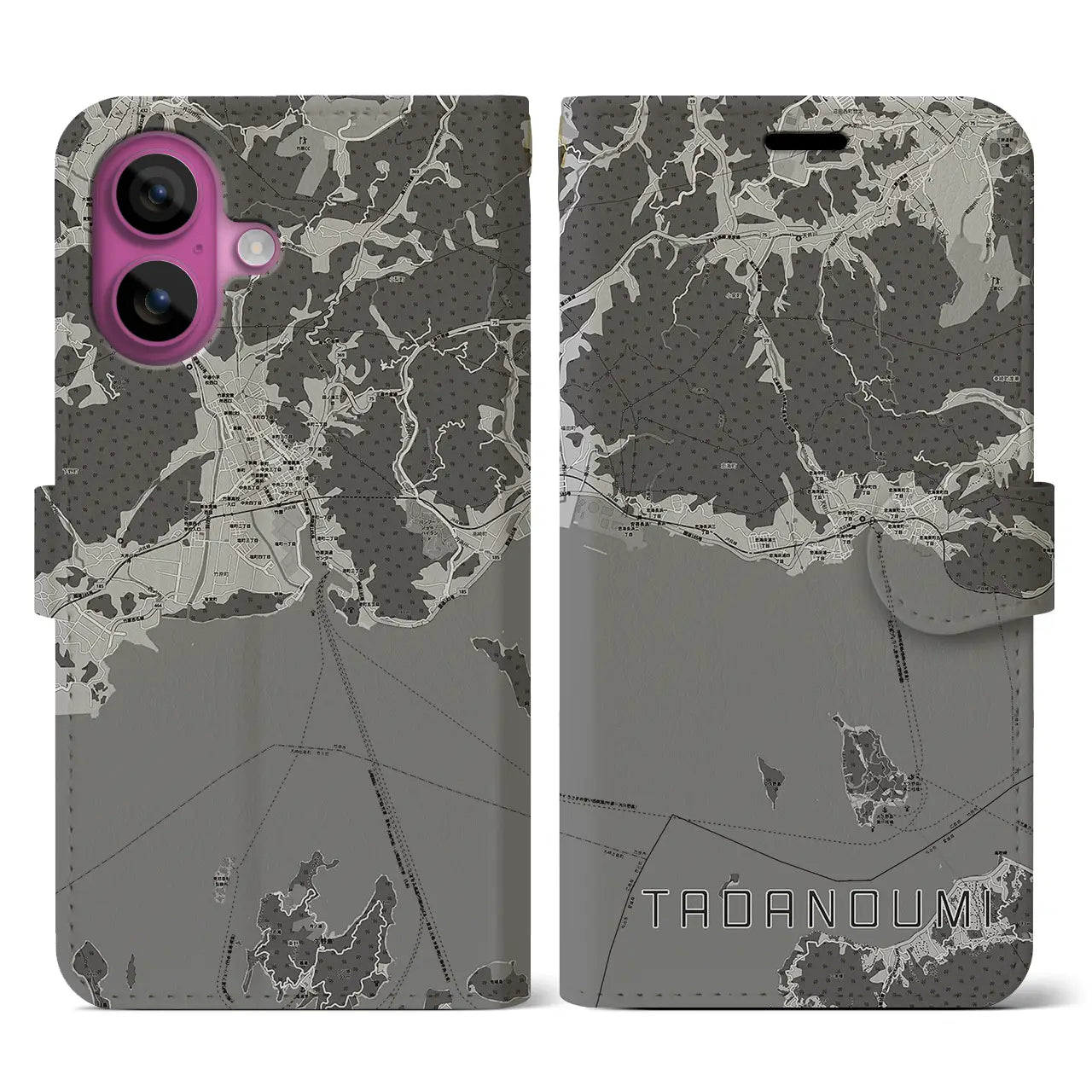 【忠海(広島県)】地図柄iPhoneケース(手帳タイプ)モノトーン・iPhone 16 Pro 用