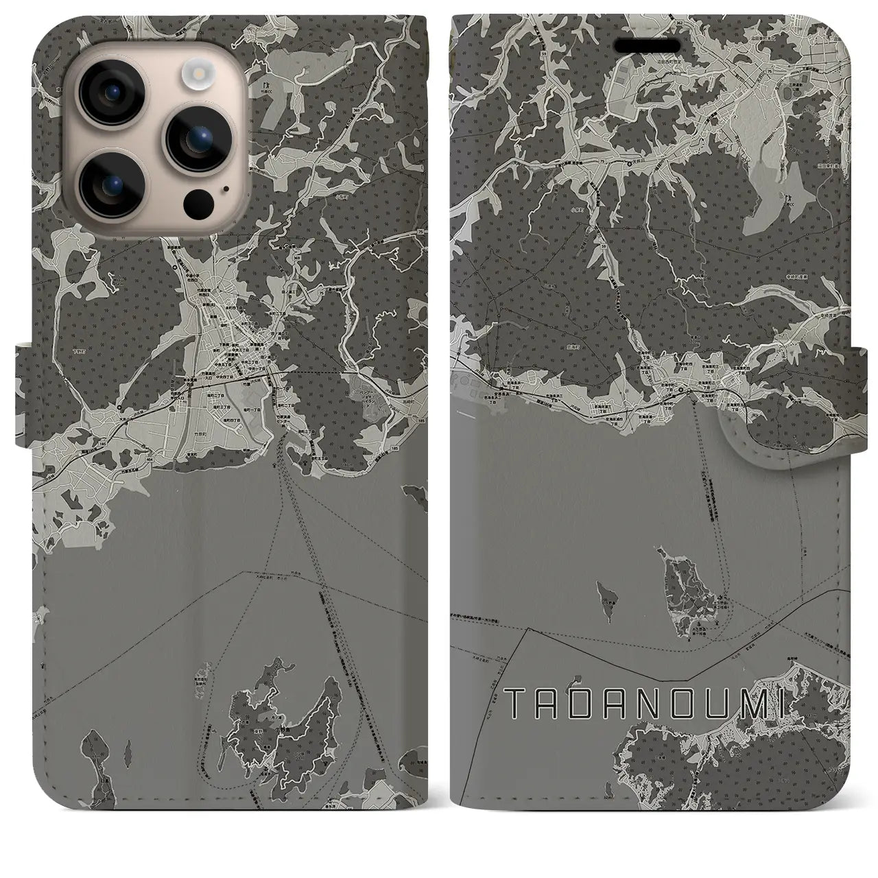 【忠海(広島県)】地図柄iPhoneケース(手帳タイプ)モノトーン・iPhone 16 Plus 用