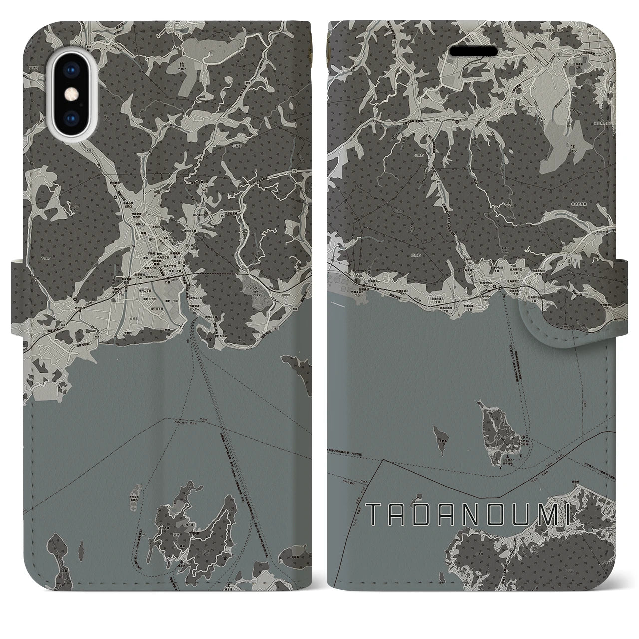 【忠海(広島県)】地図柄iPhoneケース(手帳タイプ)モノトーン・iPhone XS Max 用
