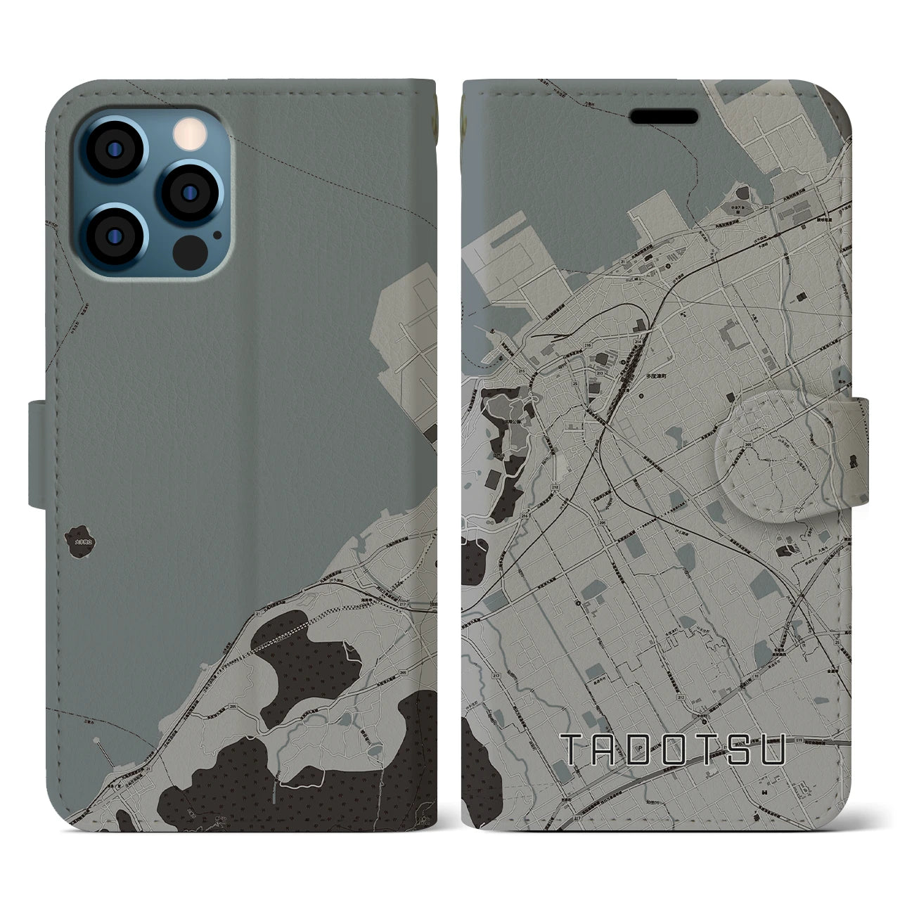 【多度津(香川県)】地図柄iPhoneケース(手帳タイプ)モノトーン・iPhone 12 / 12 Pro 用