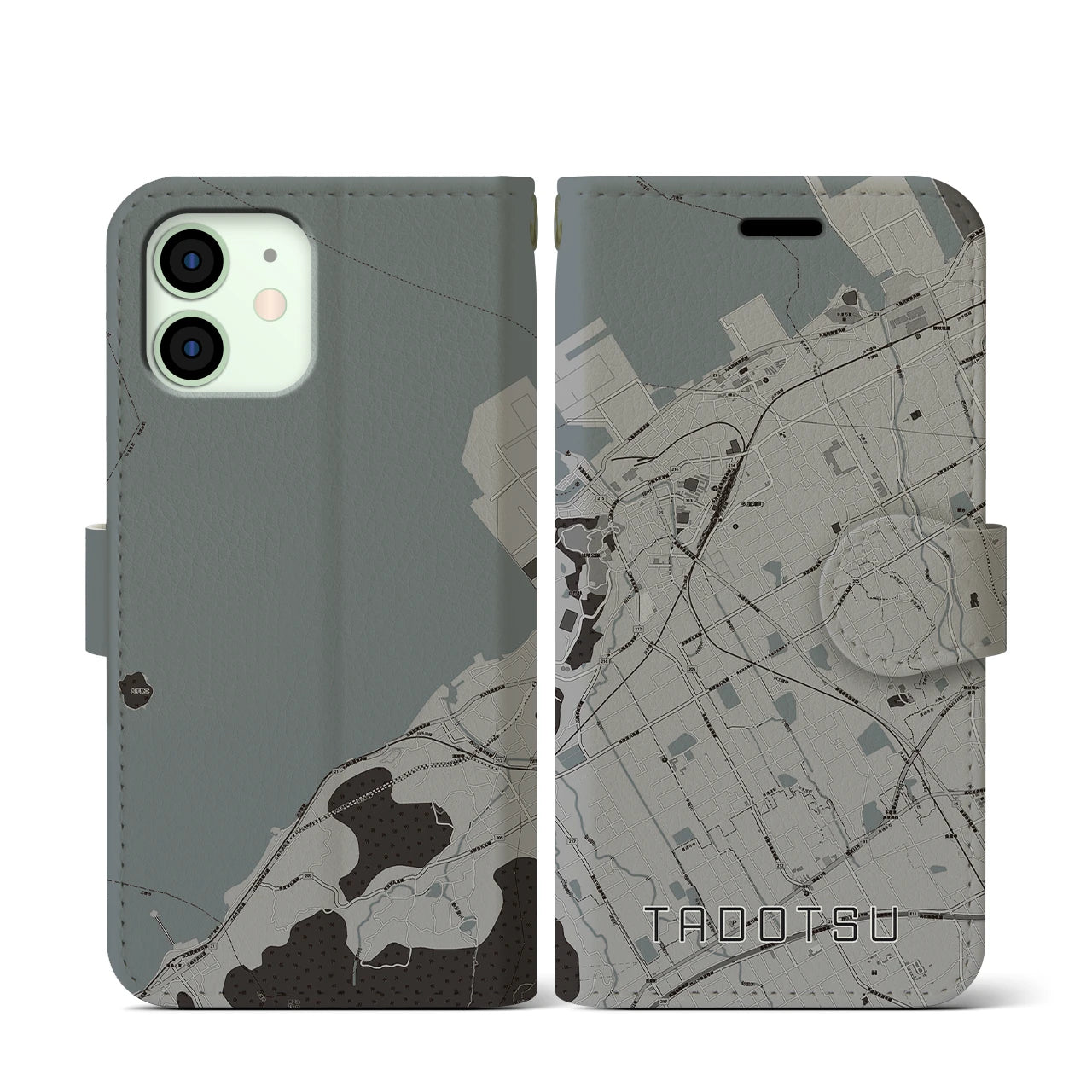 【多度津(香川県)】地図柄iPhoneケース(手帳タイプ)モノトーン・iPhone 12 mini 用