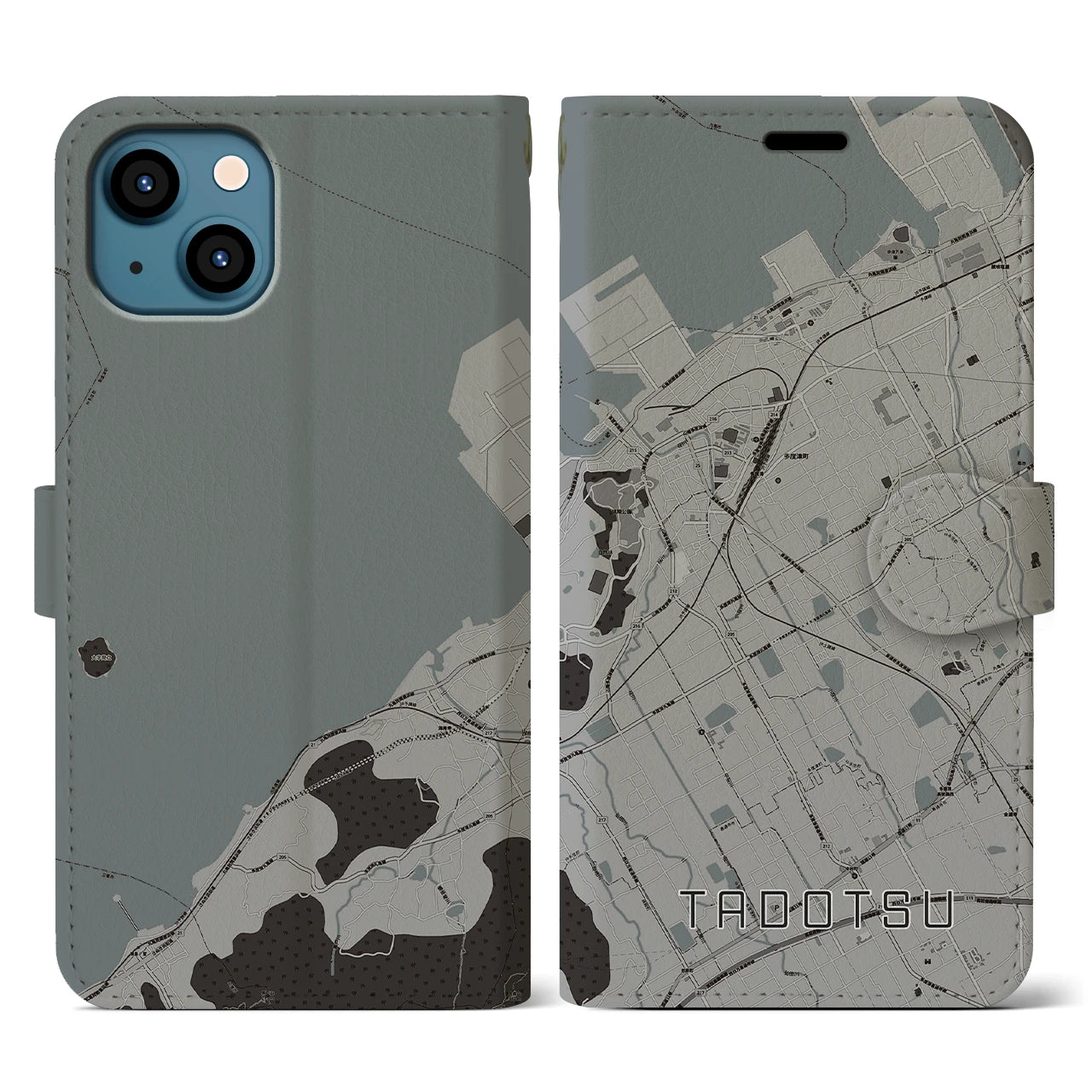 【多度津(香川県)】地図柄iPhoneケース(手帳タイプ)モノトーン・iPhone 13 用