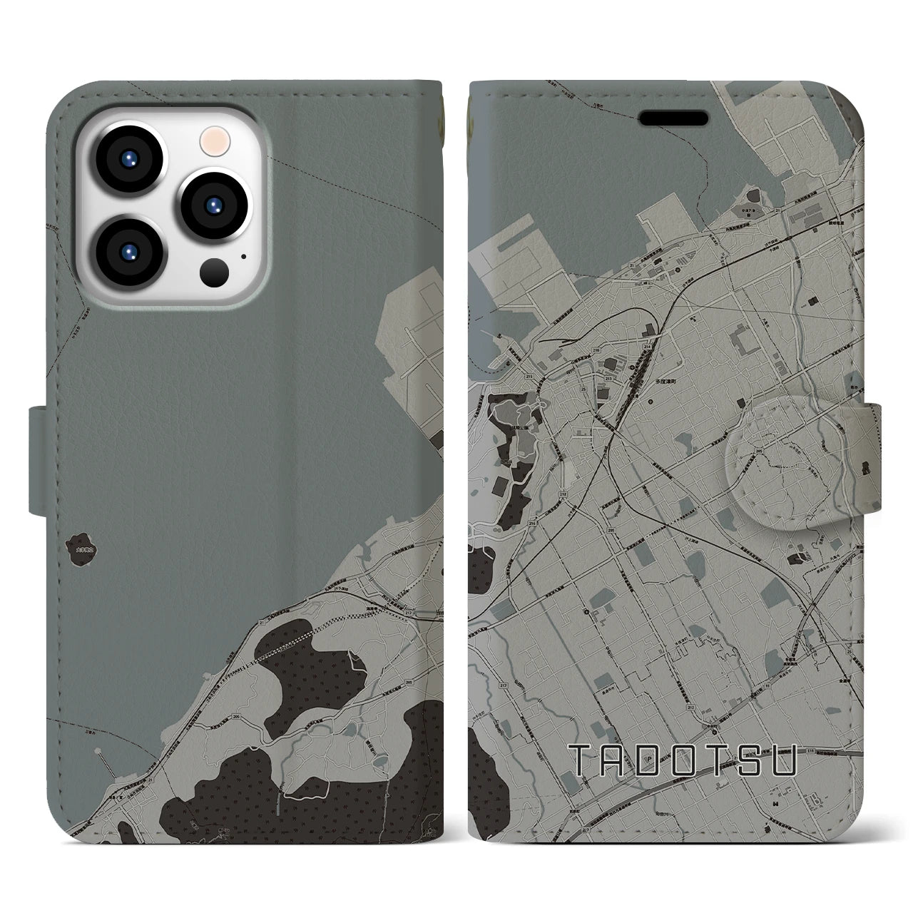 【多度津(香川県)】地図柄iPhoneケース(手帳タイプ)モノトーン・iPhone 13 Pro 用