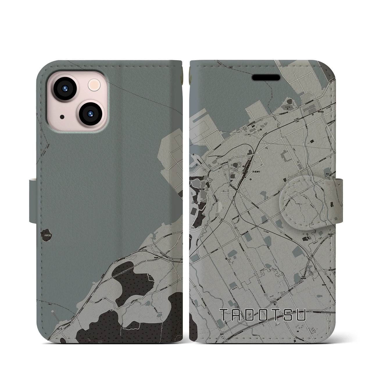 【多度津(香川県)】地図柄iPhoneケース(手帳タイプ)モノトーン・iPhone 13 mini 用