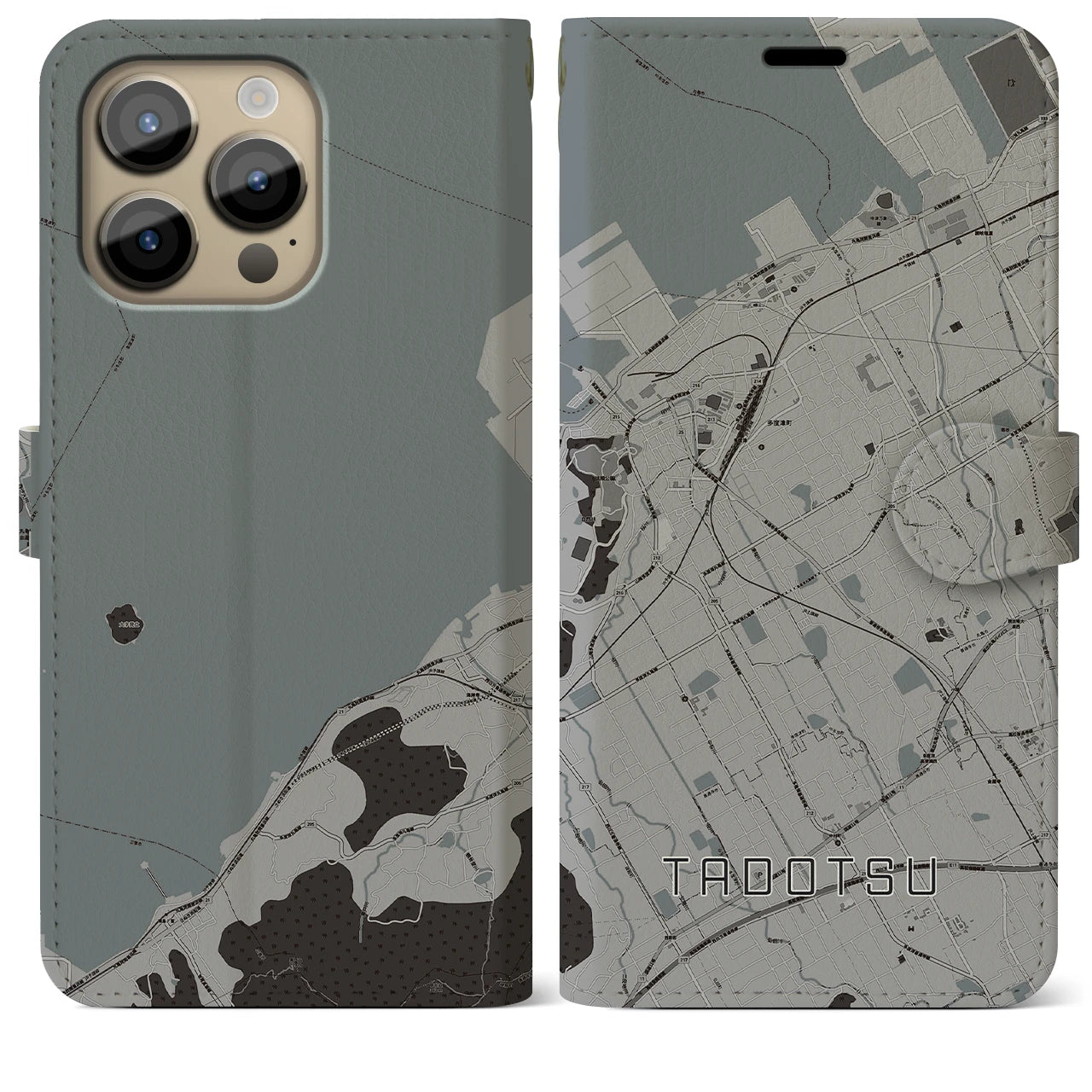 【多度津(香川県)】地図柄iPhoneケース(手帳タイプ)モノトーン・iPhone 14 Pro Max 用