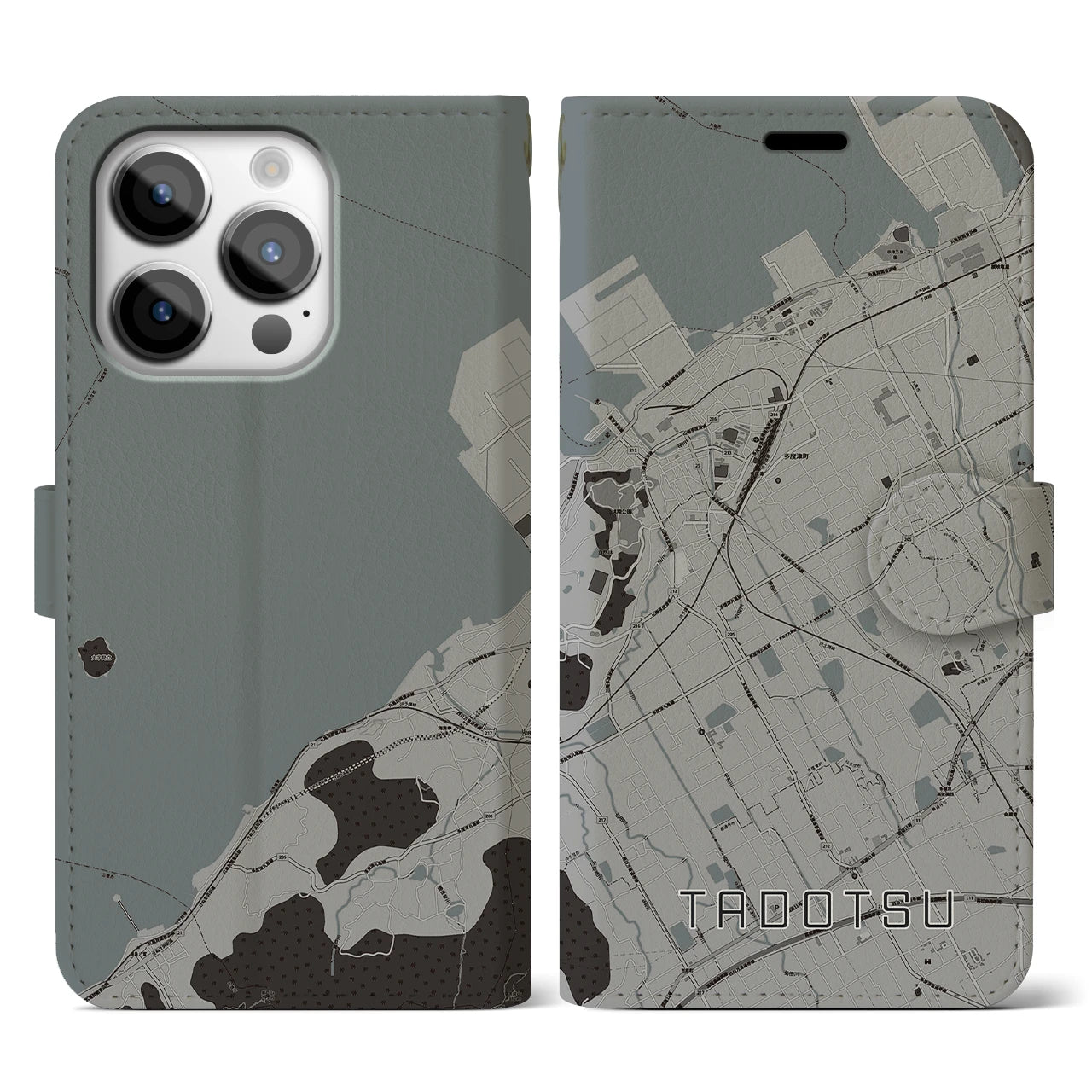 【多度津(香川県)】地図柄iPhoneケース(手帳タイプ)モノトーン・iPhone 14 Pro 用