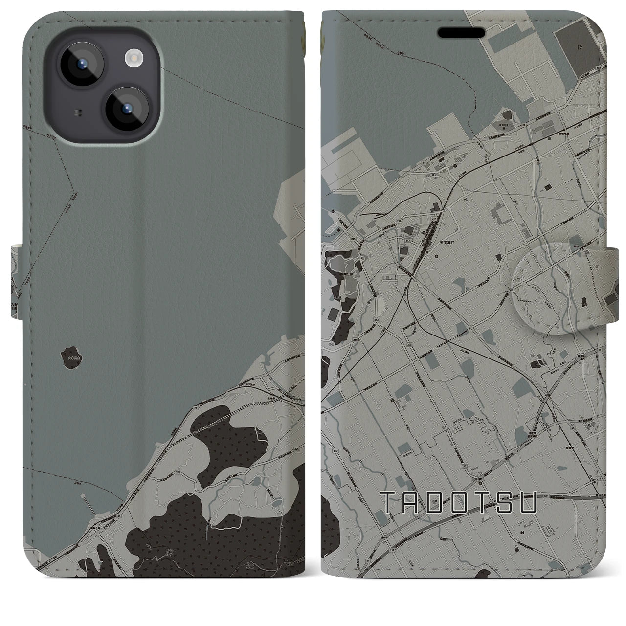 【多度津(香川県)】地図柄iPhoneケース(手帳タイプ)モノトーン・iPhone 14 Plus 用