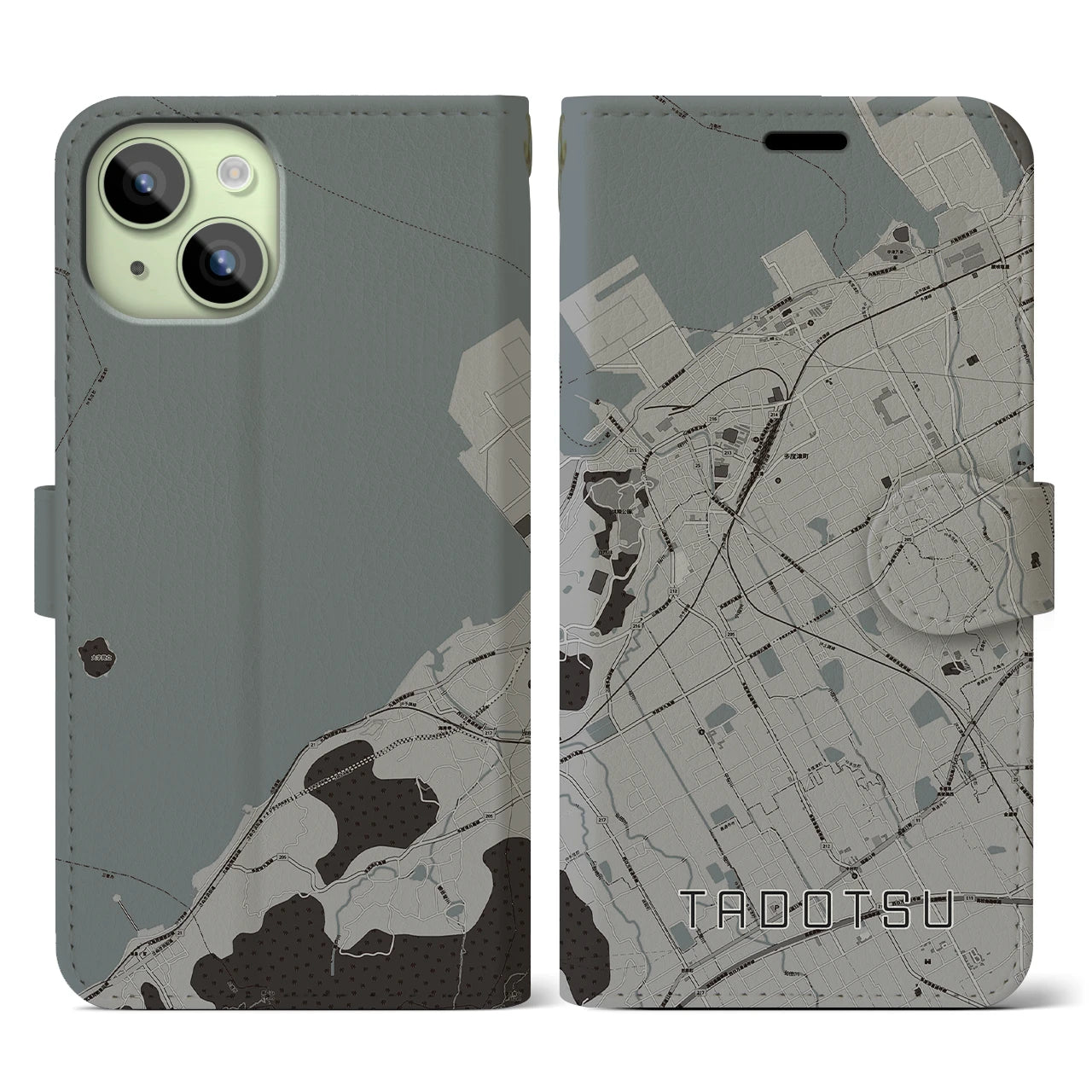 【多度津(香川県)】地図柄iPhoneケース(手帳タイプ)モノトーン・iPhone 15 用