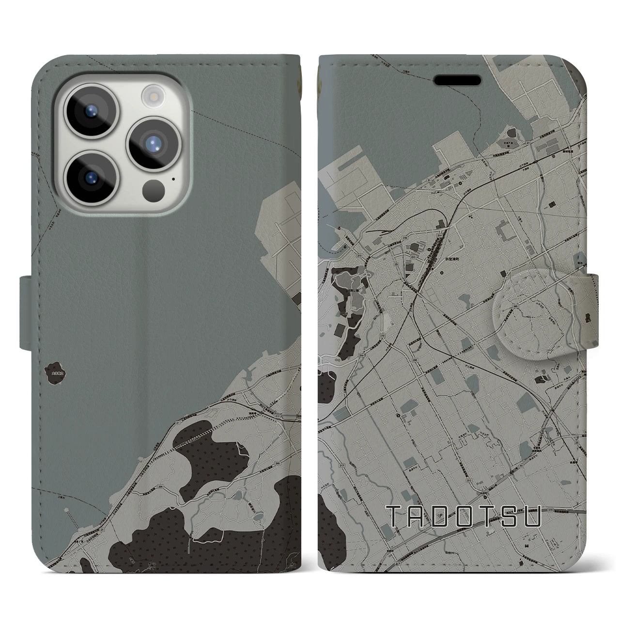 【多度津(香川県)】地図柄iPhoneケース(手帳タイプ)モノトーン・iPhone 15 Pro 用