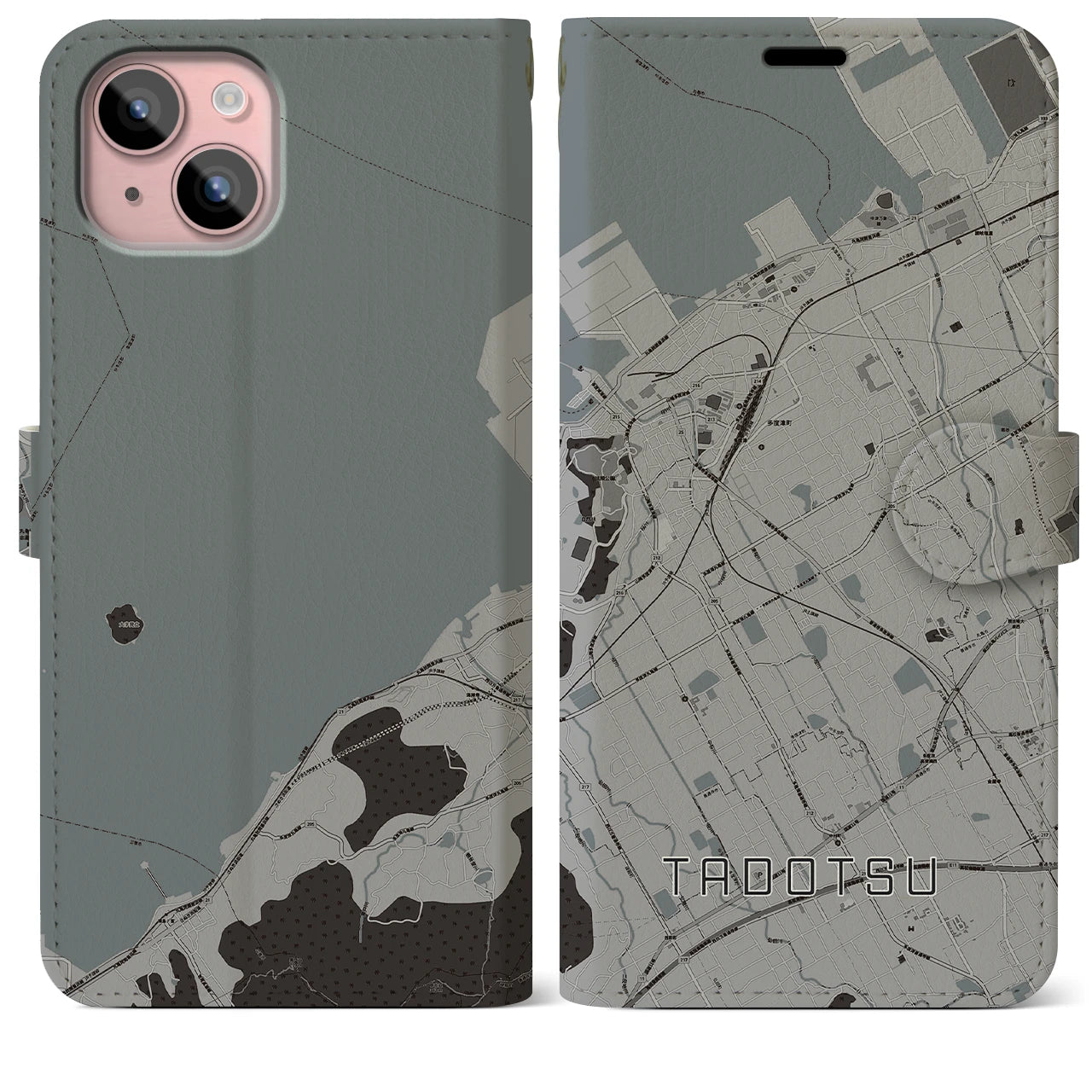【多度津(香川県)】地図柄iPhoneケース(手帳タイプ)モノトーン・iPhone 15 Plus 用