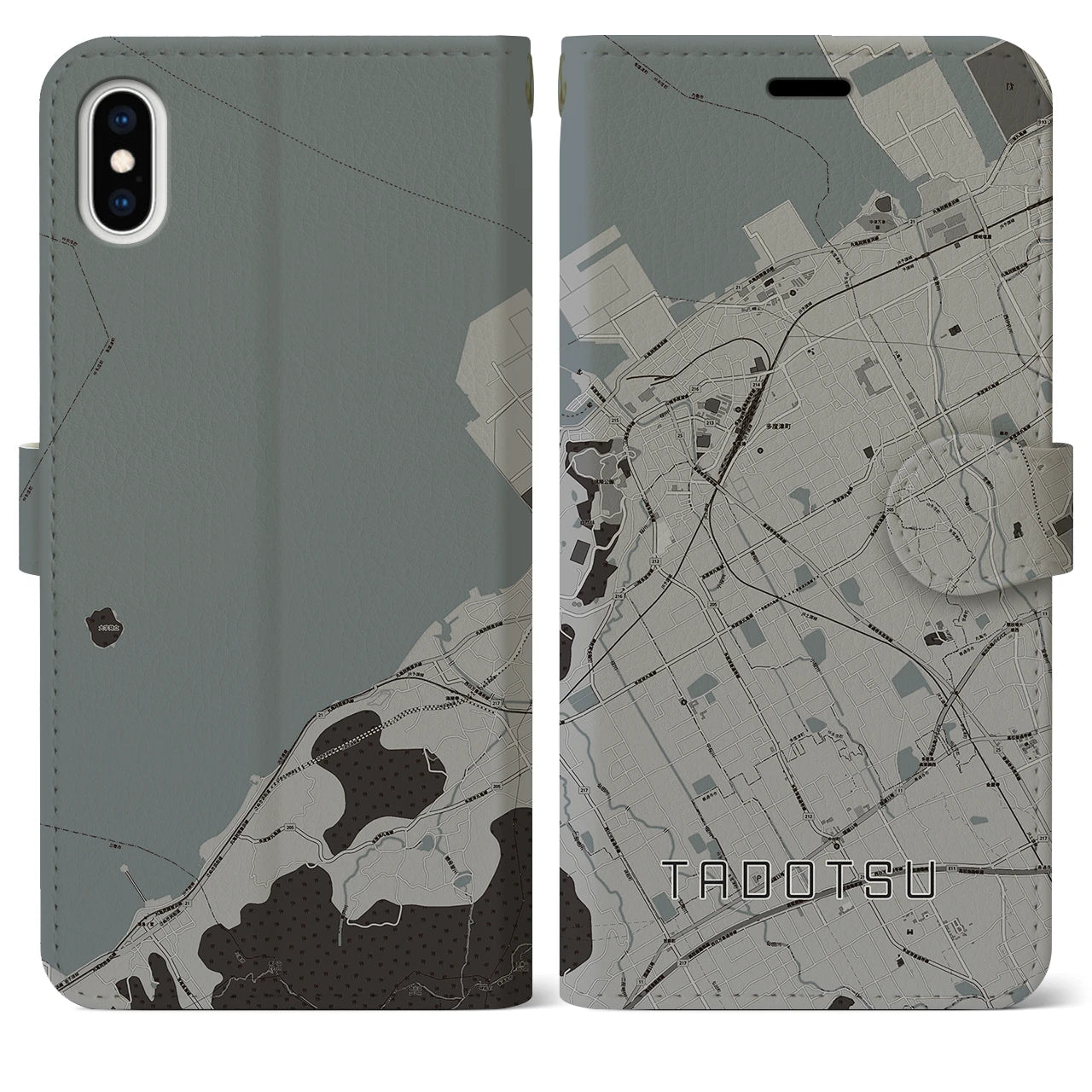 【多度津(香川県)】地図柄iPhoneケース(手帳タイプ)モノトーン・iPhone XS Max 用