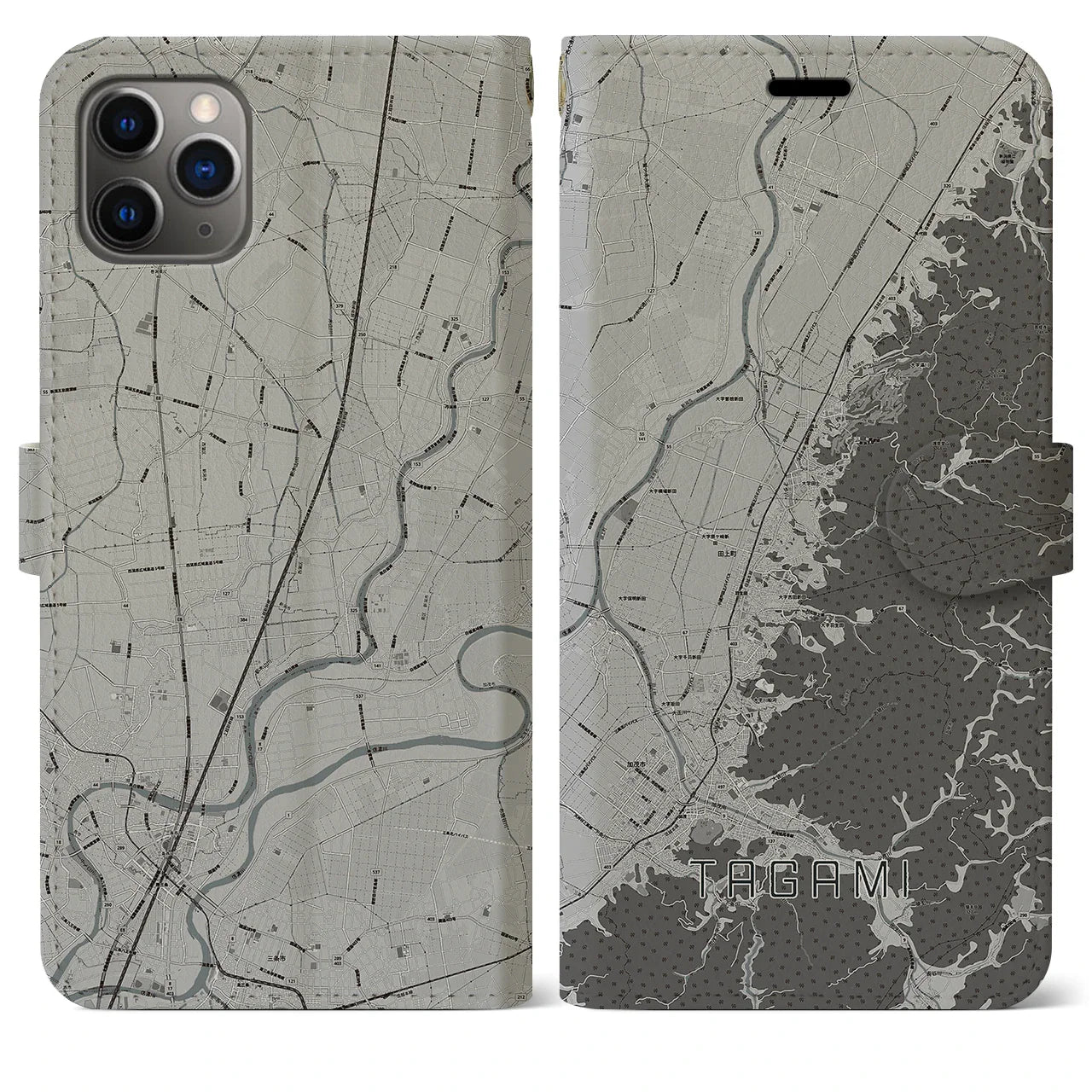 【田上(新潟県)】地図柄iPhoneケース(手帳タイプ)モノトーン・iPhone 11 Pro Max 用