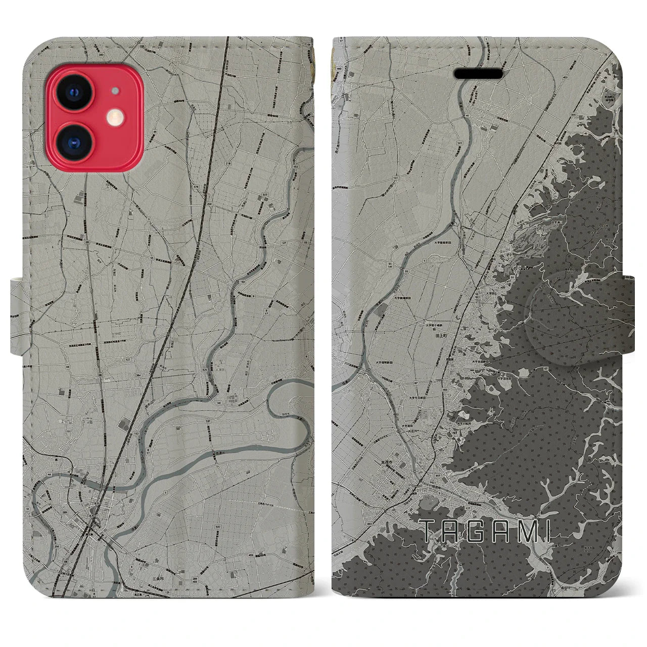 【田上(新潟県)】地図柄iPhoneケース(手帳タイプ)モノトーン・iPhone 11 用