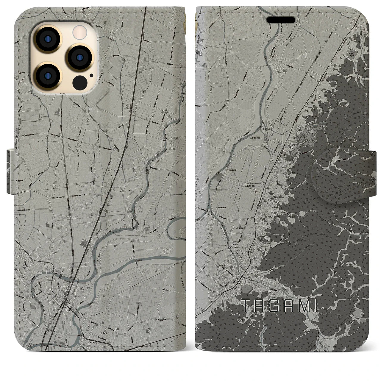 【田上(新潟県)】地図柄iPhoneケース(手帳タイプ)モノトーン・iPhone 12 Pro Max 用