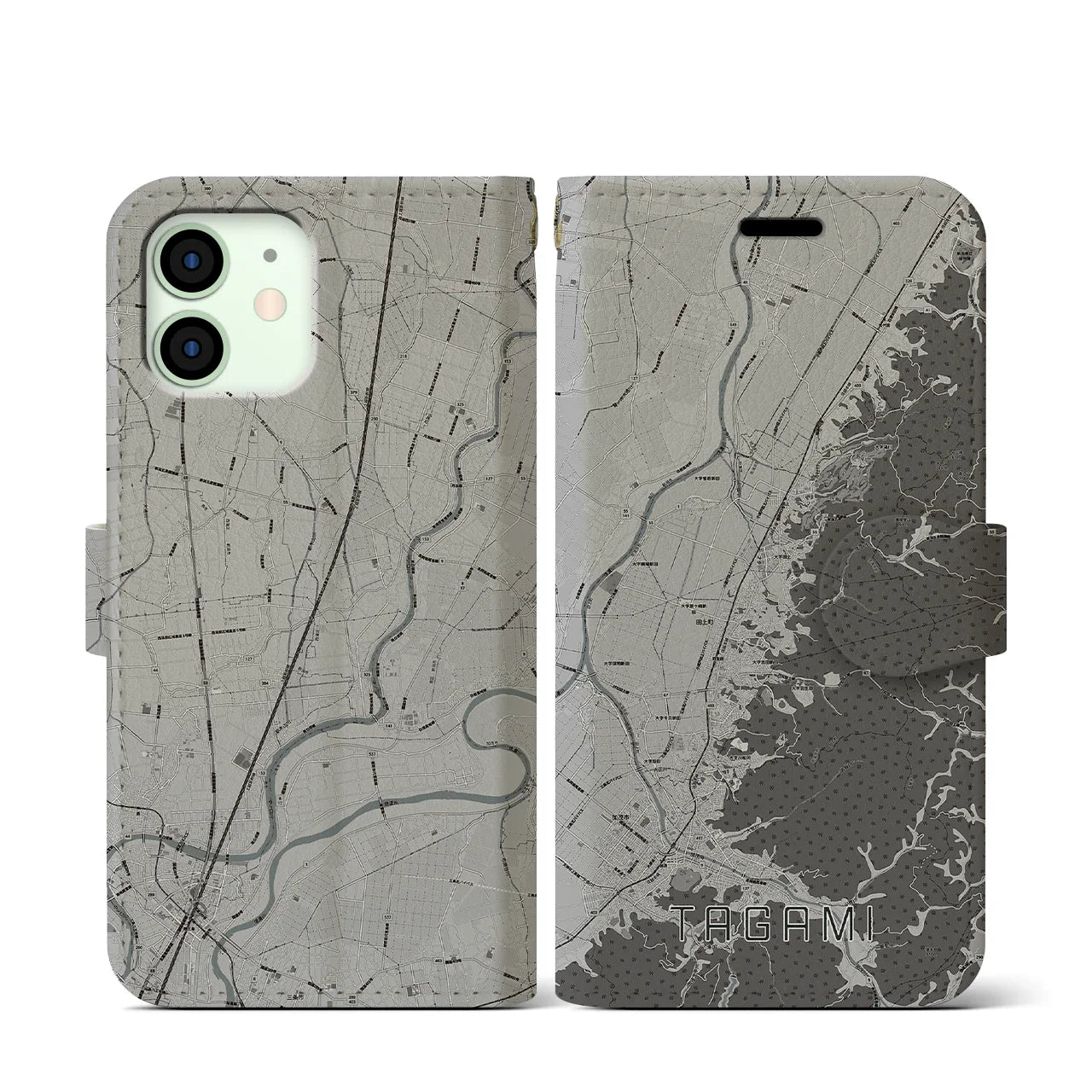 【田上(新潟県)】地図柄iPhoneケース(手帳タイプ)モノトーン・iPhone 12 mini 用