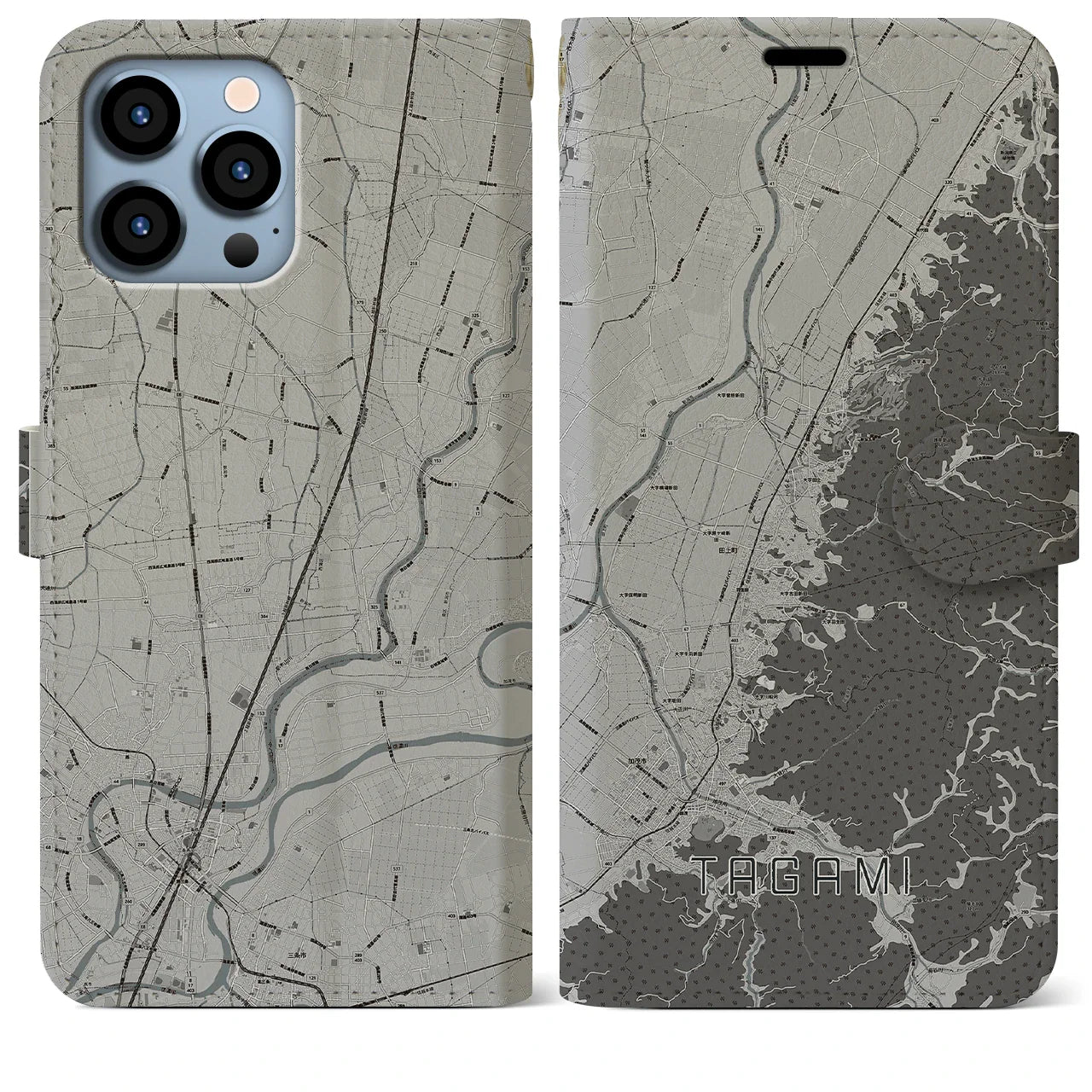 【田上(新潟県)】地図柄iPhoneケース(手帳タイプ)モノトーン・iPhone 13 Pro Max 用