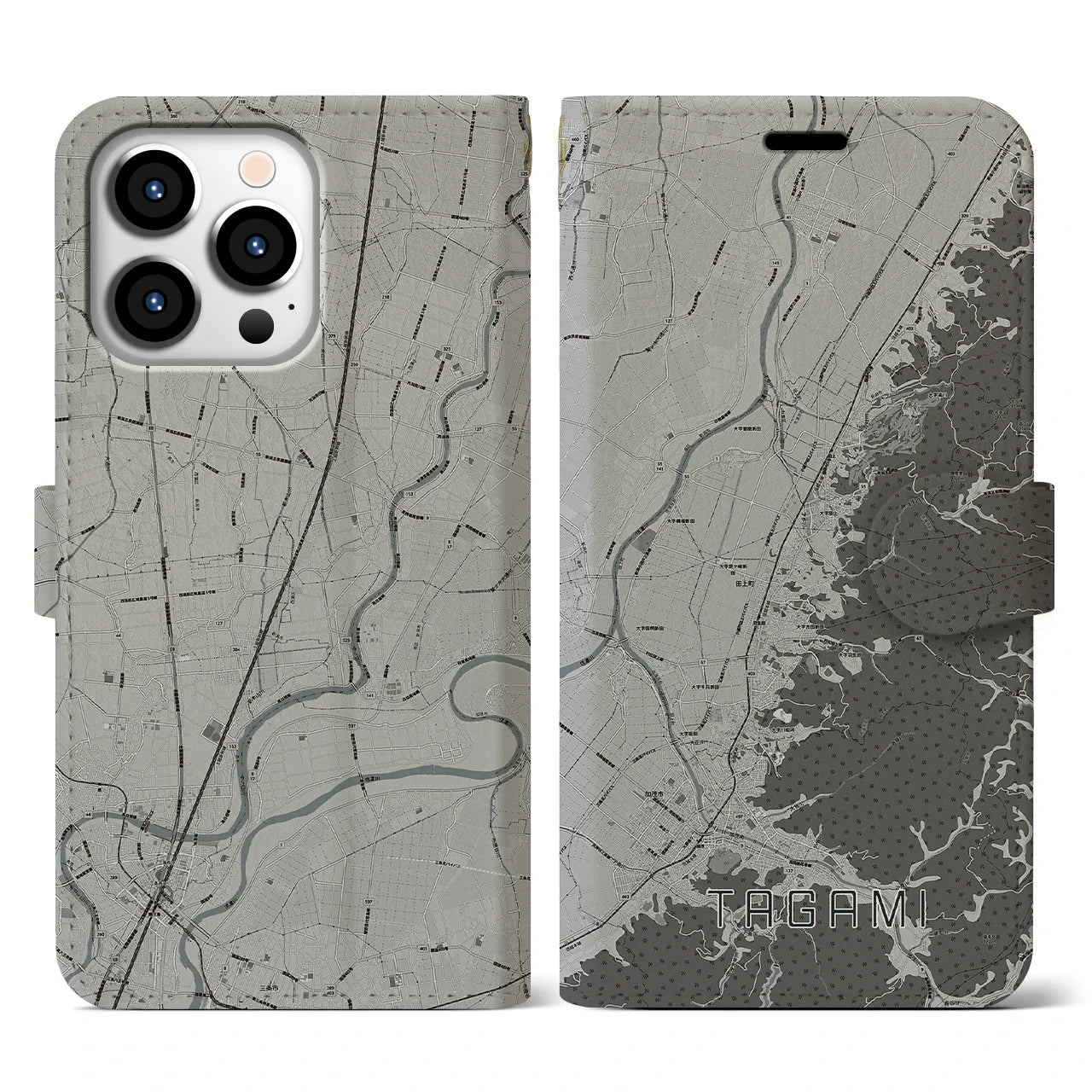 【田上(新潟県)】地図柄iPhoneケース(手帳タイプ)モノトーン・iPhone 13 Pro 用