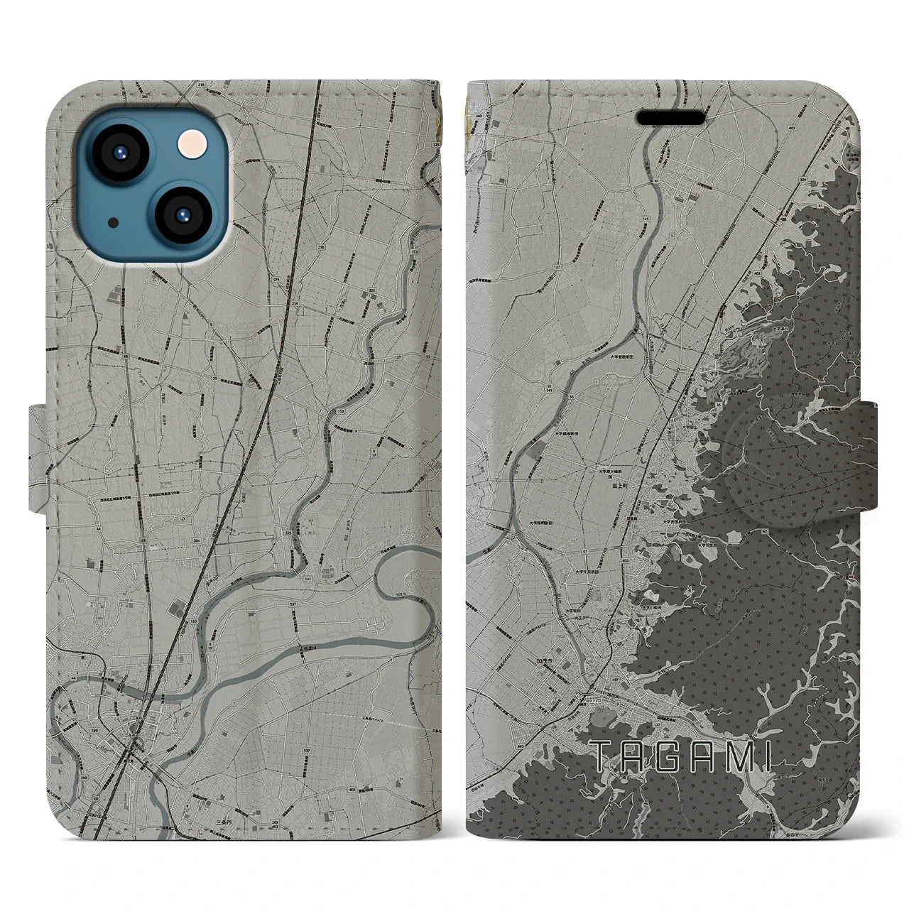 【田上(新潟県)】地図柄iPhoneケース(手帳タイプ)モノトーン・iPhone 13 用